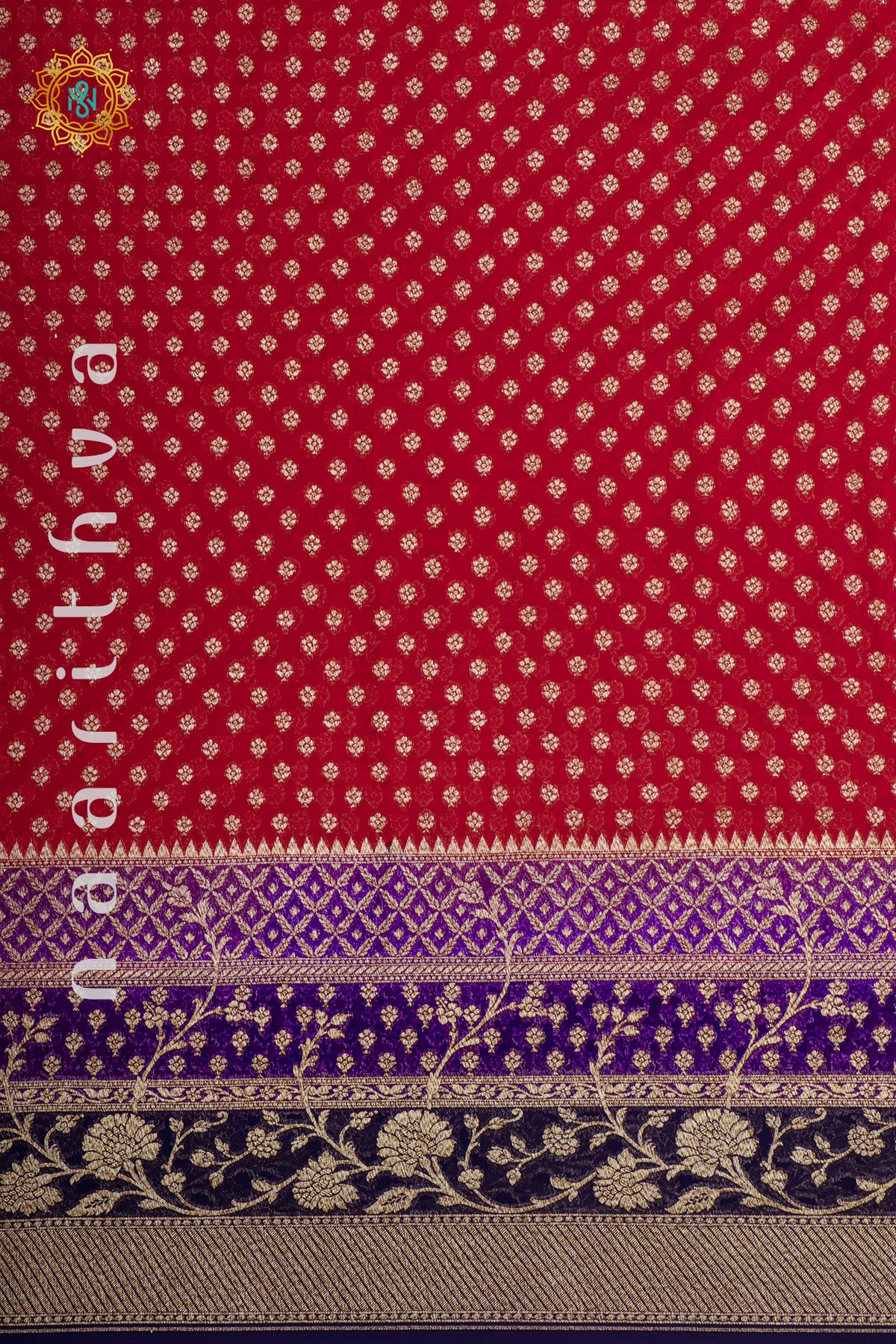 RED WITH PURPLE & NAVY BLUE - PURE HANDLOOM KHADDI GEORGETTE BANARAS