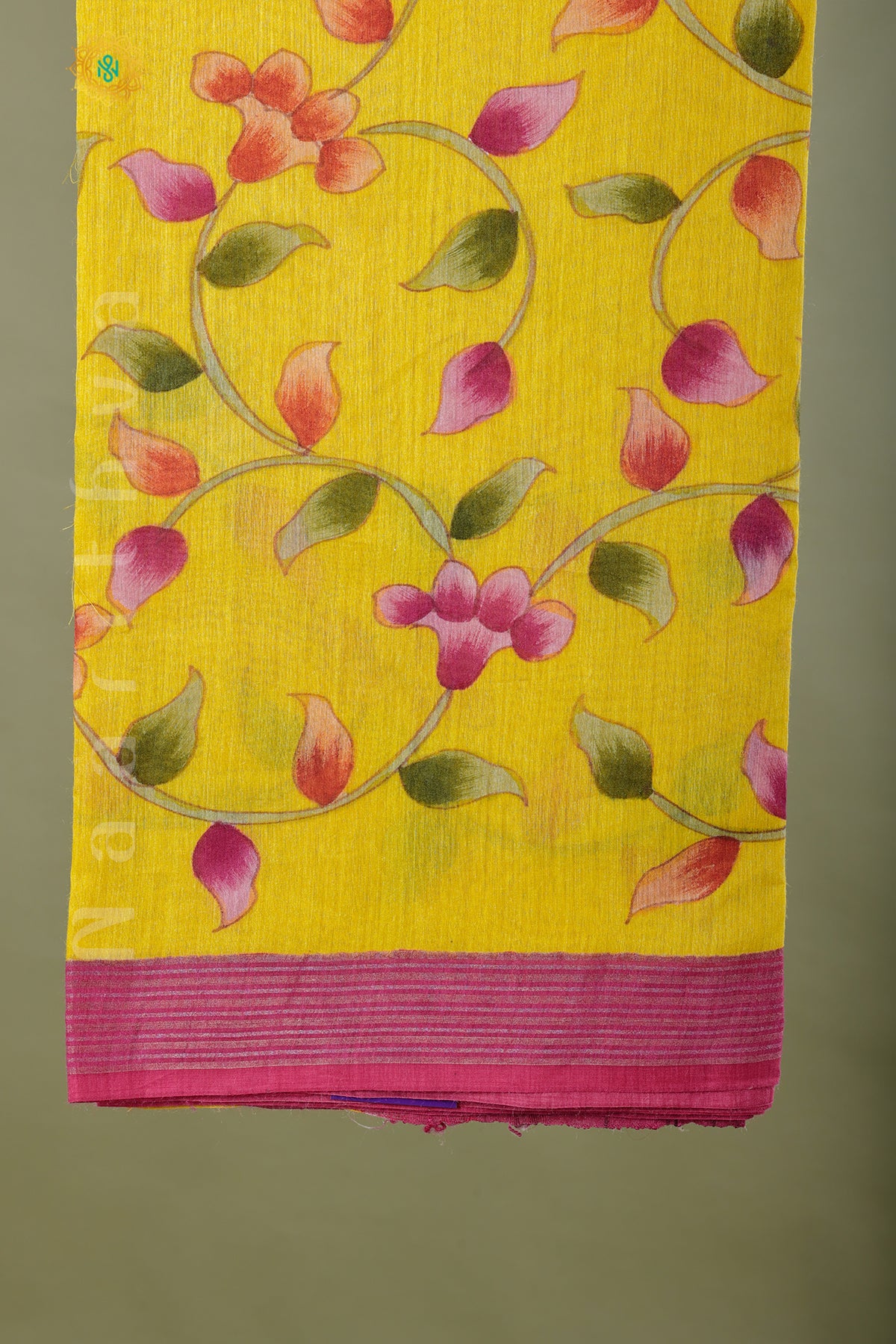 YELLOW WITH PINK - PURE MOONGA TUSSAR WITH HAND PAINT
