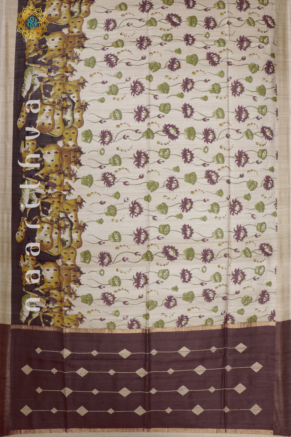 BIEGE WITH BROWN - PURE TUSSAR SILK WITH PICHWAI PRINTS