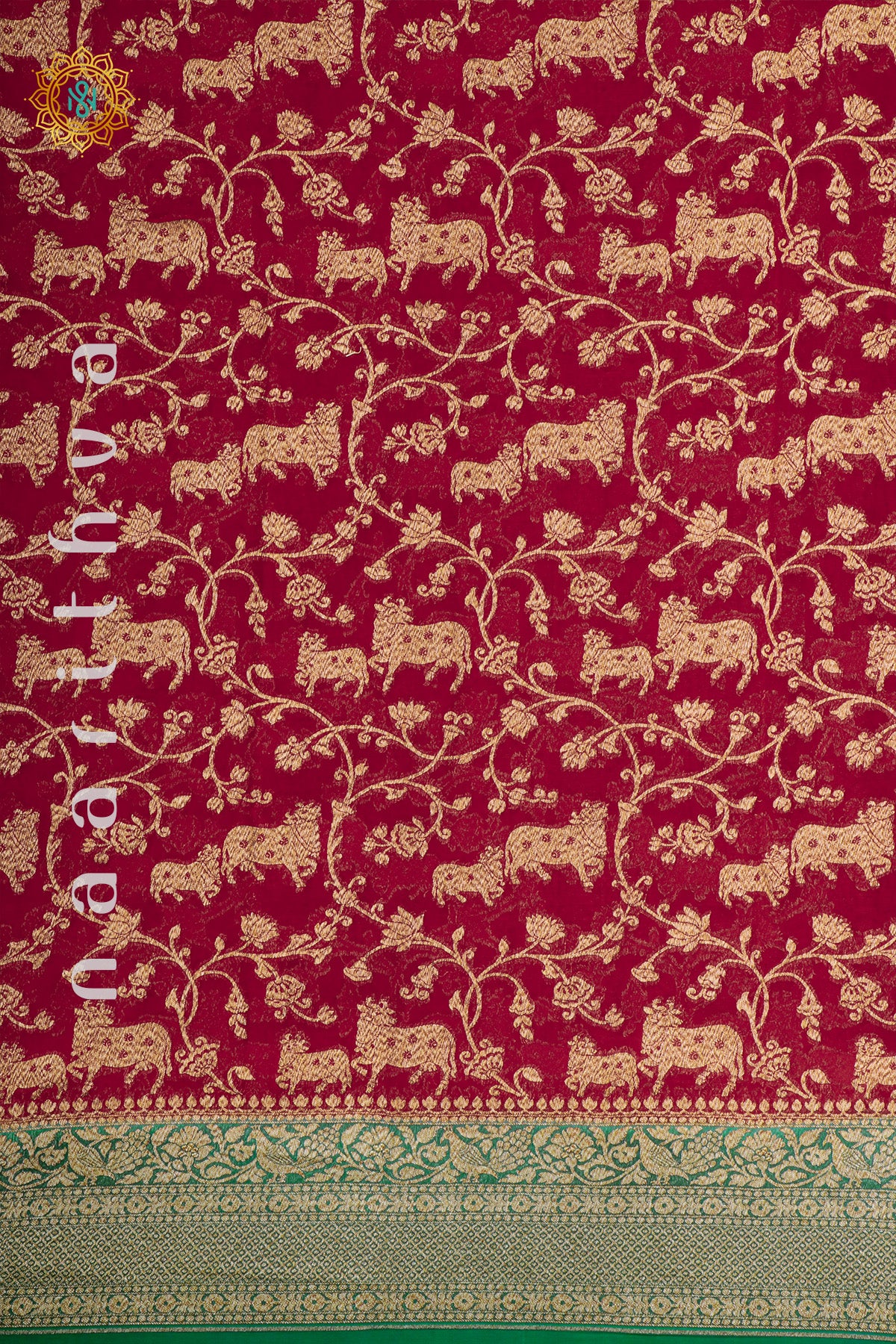 RED WITH GREEN - PURE HANDLOOM KHADDI GEORGETTE BANARAS