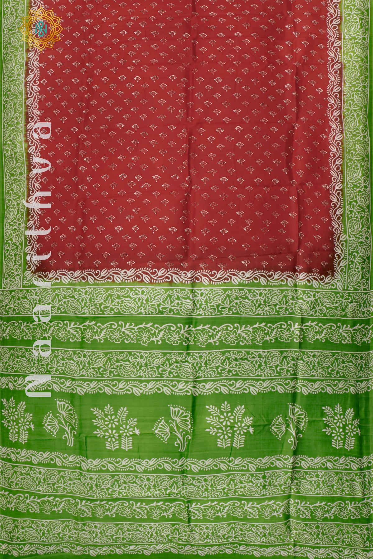 RED WITH GREEN - PURE MULBERRY SILK WITH BLOCK PRINT