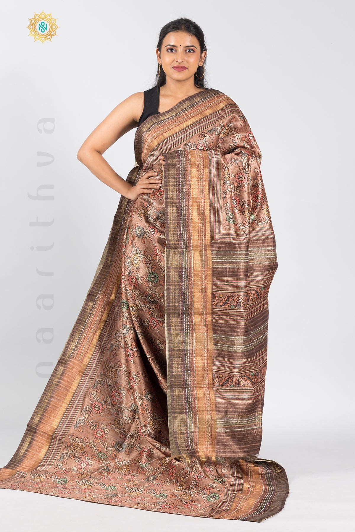 BROWN -  SEMI TUSSAR SILK WITH FLORAL DIGITAL PRINTS & KATHA WORK IN THE BORDER