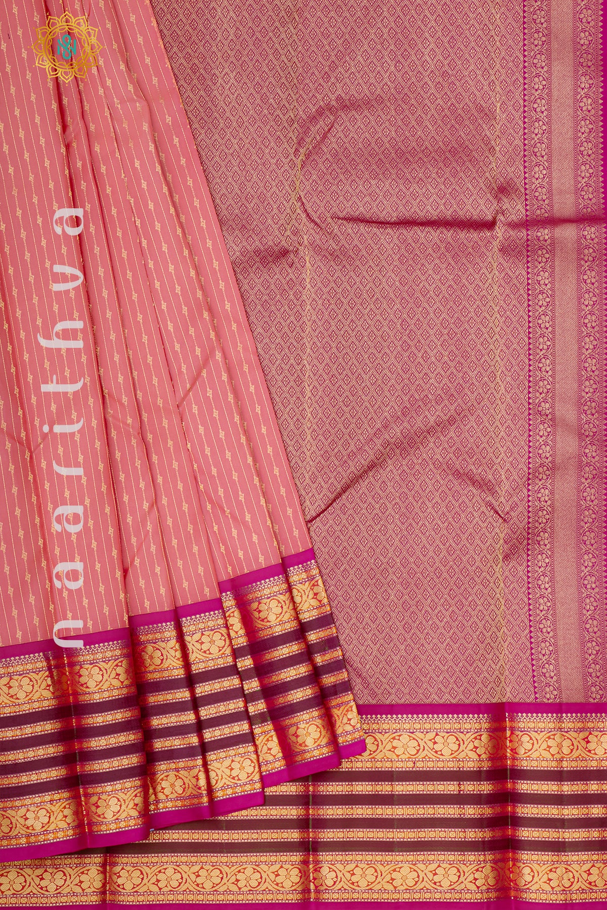 PEACHISH PINK WITH RANI PINK AND ORANGE - PURE KANJIVARAM SILK