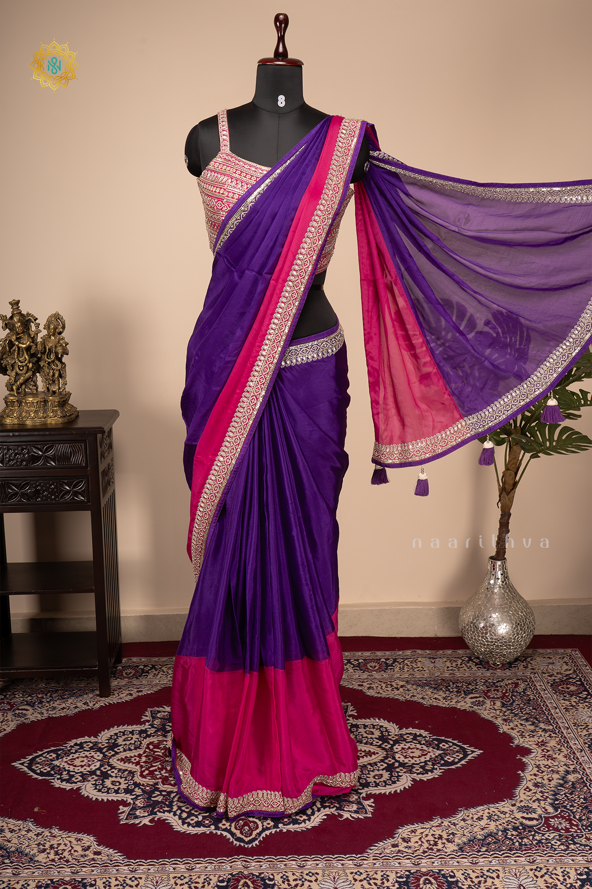 Purple With Pink Chinnon Designer Wear Saree with Readymade Blouse
