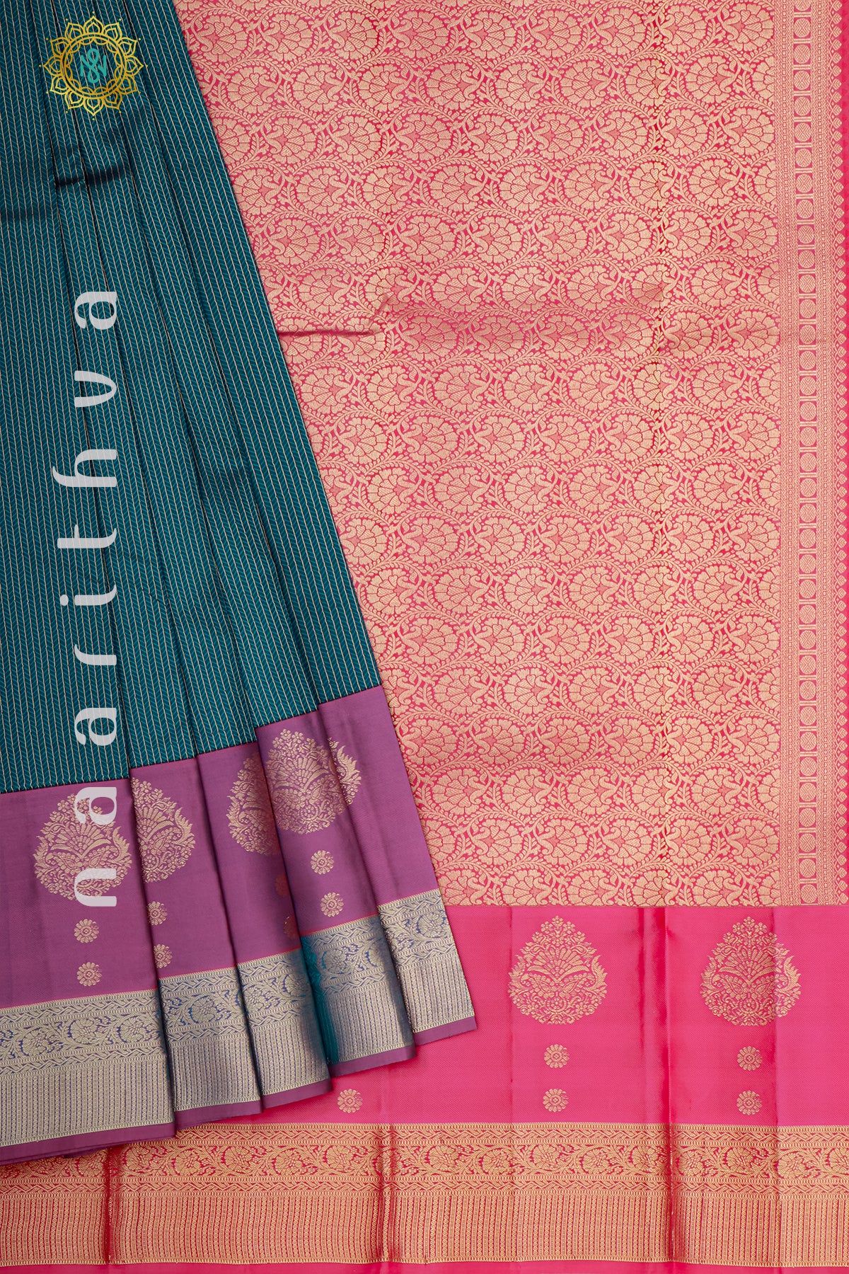 TEAL BLUE WITH MAGENTA AND RANI PINK - PURE KANJIVARAM SILK