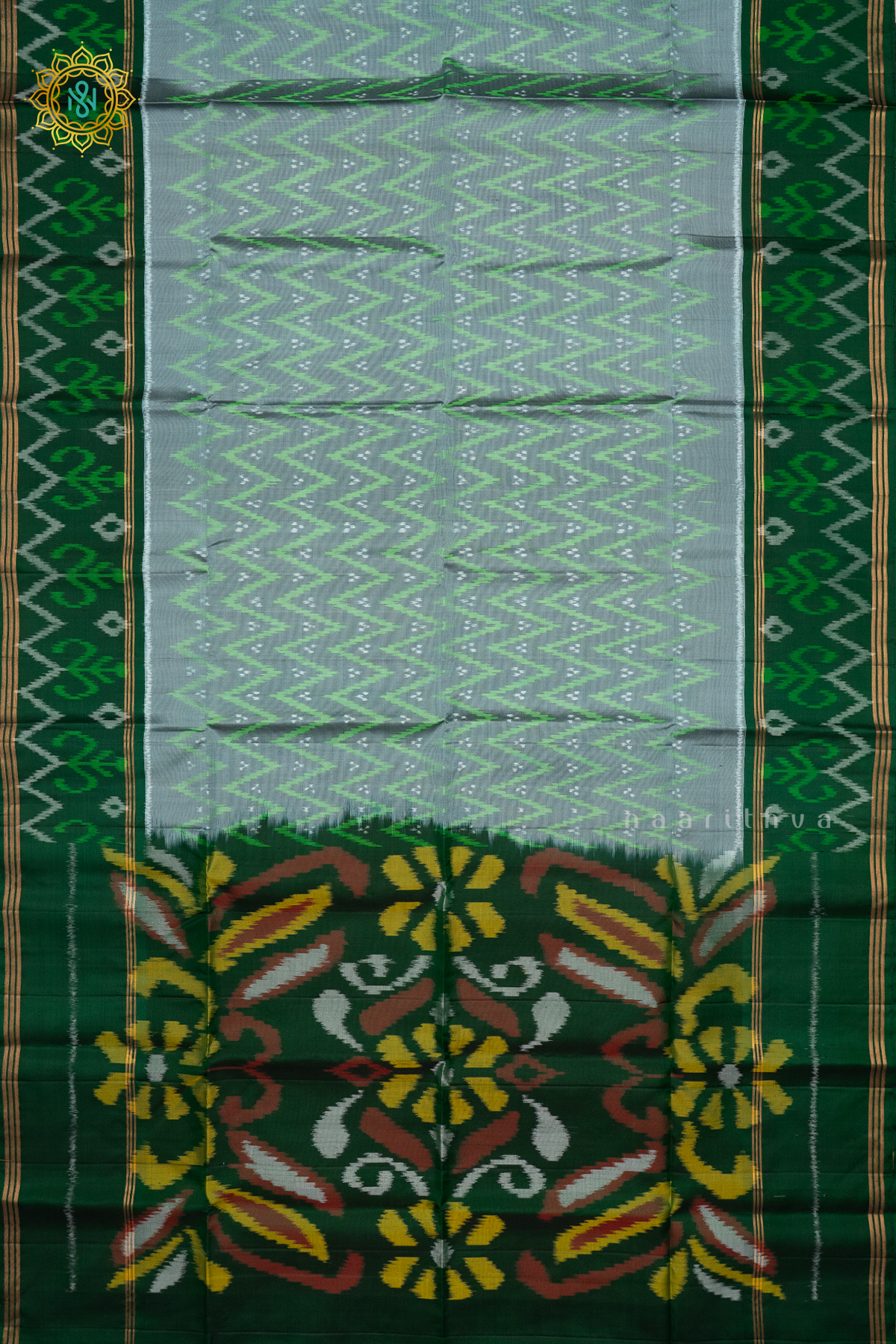 GREY WITH BOTTLE GREEN - PURE KANJIVARAM IKAT SOFT SILK