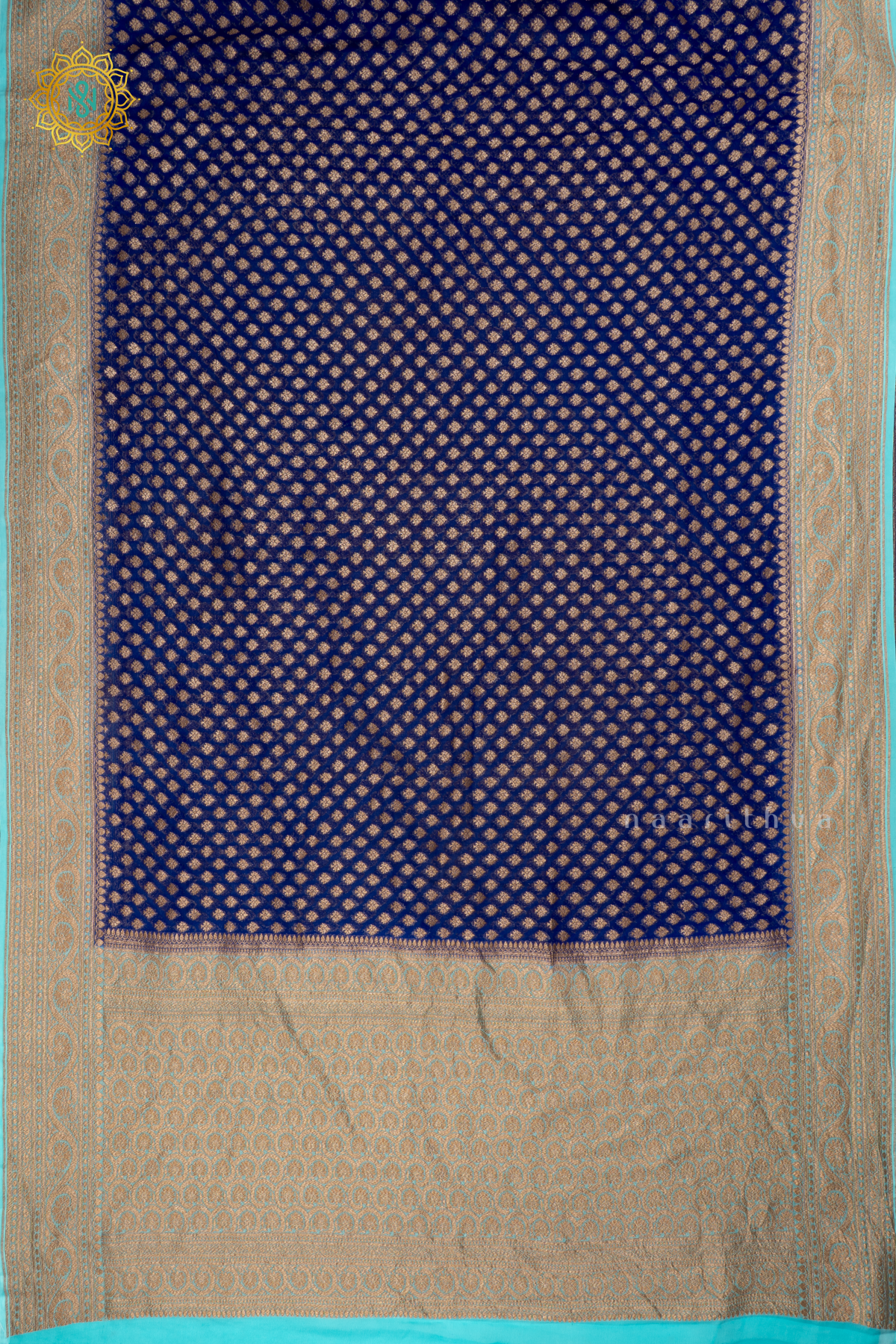 Royal Blue With Sky Blue Pure Banarasi Khaddi Georgette Saree Allover Zari Woven Buttas And Contrast Zari Woven Border