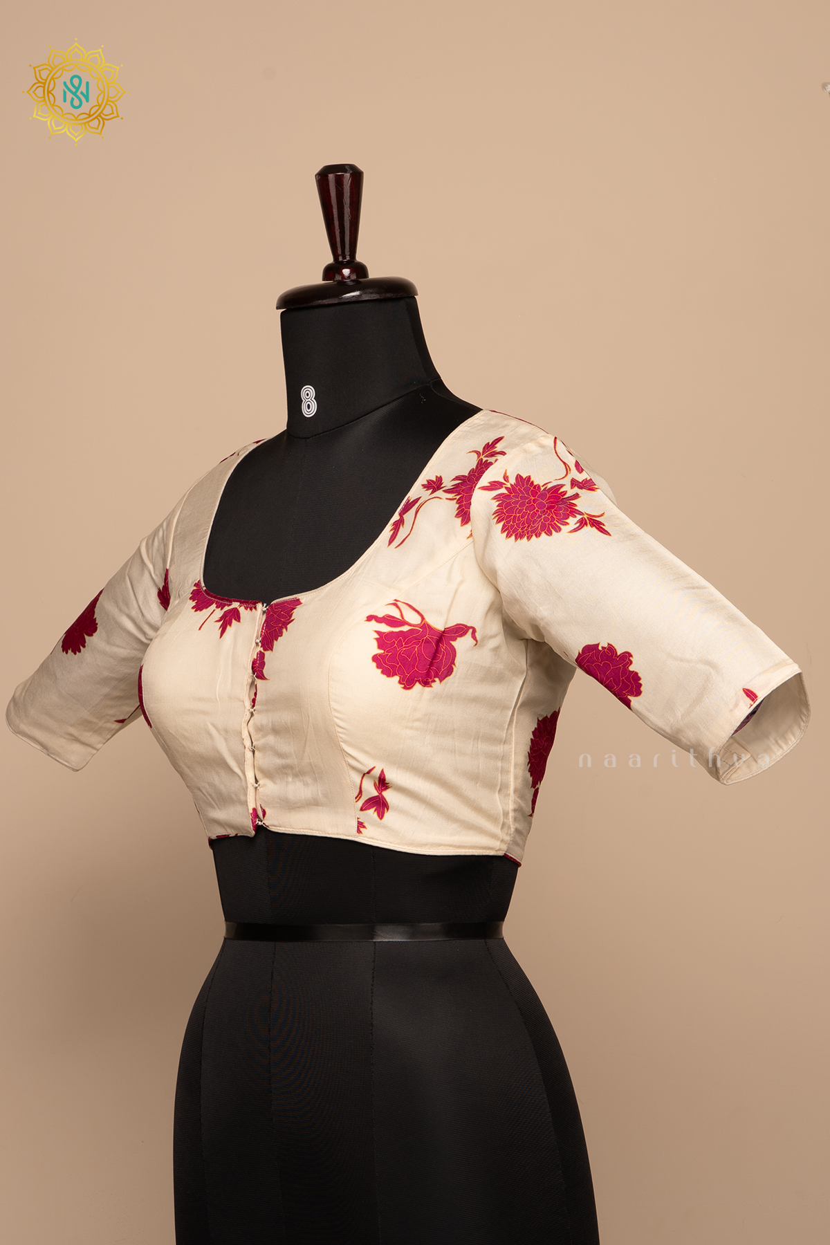 OFF WHITE WITH PINK - DOLA SILK READYMADE BLOUSE WITH FLORAL PRINTS