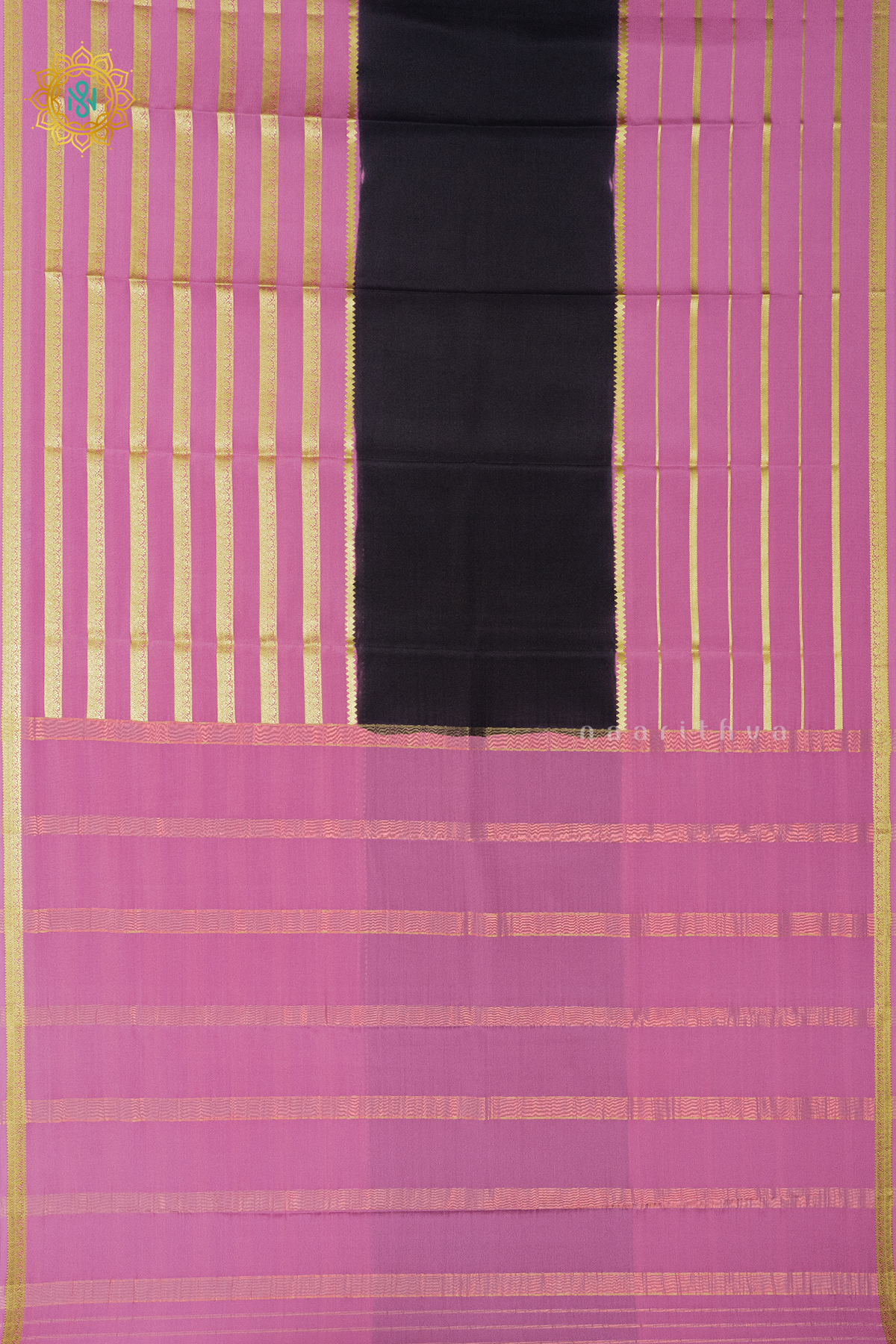BLACK WITH PEACHISH PINK - PURE MYSORE CREPE SILK