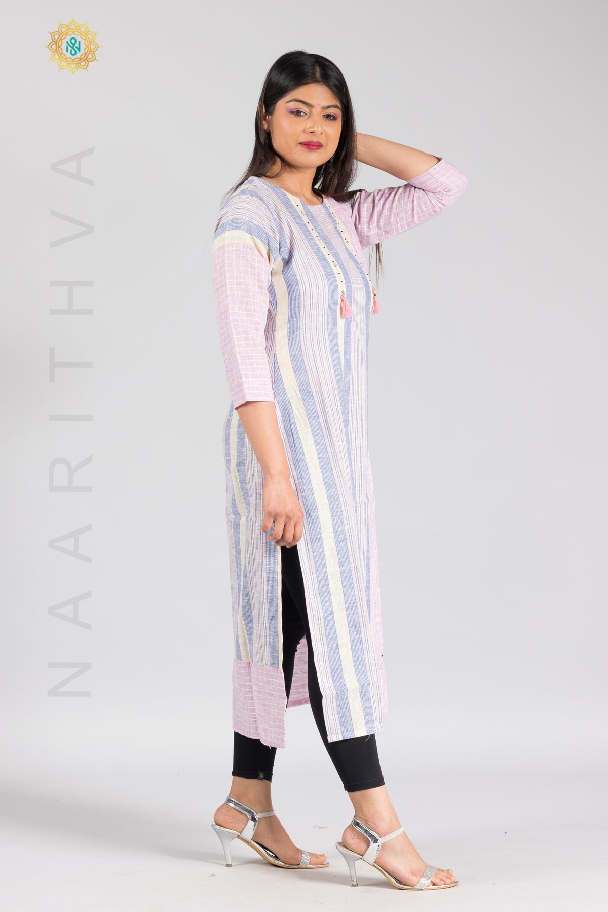 PINK WITH BLUE - COTTON STRAIGHT CUT CASUAL KURTI WITH THREAD EMBROIDERY