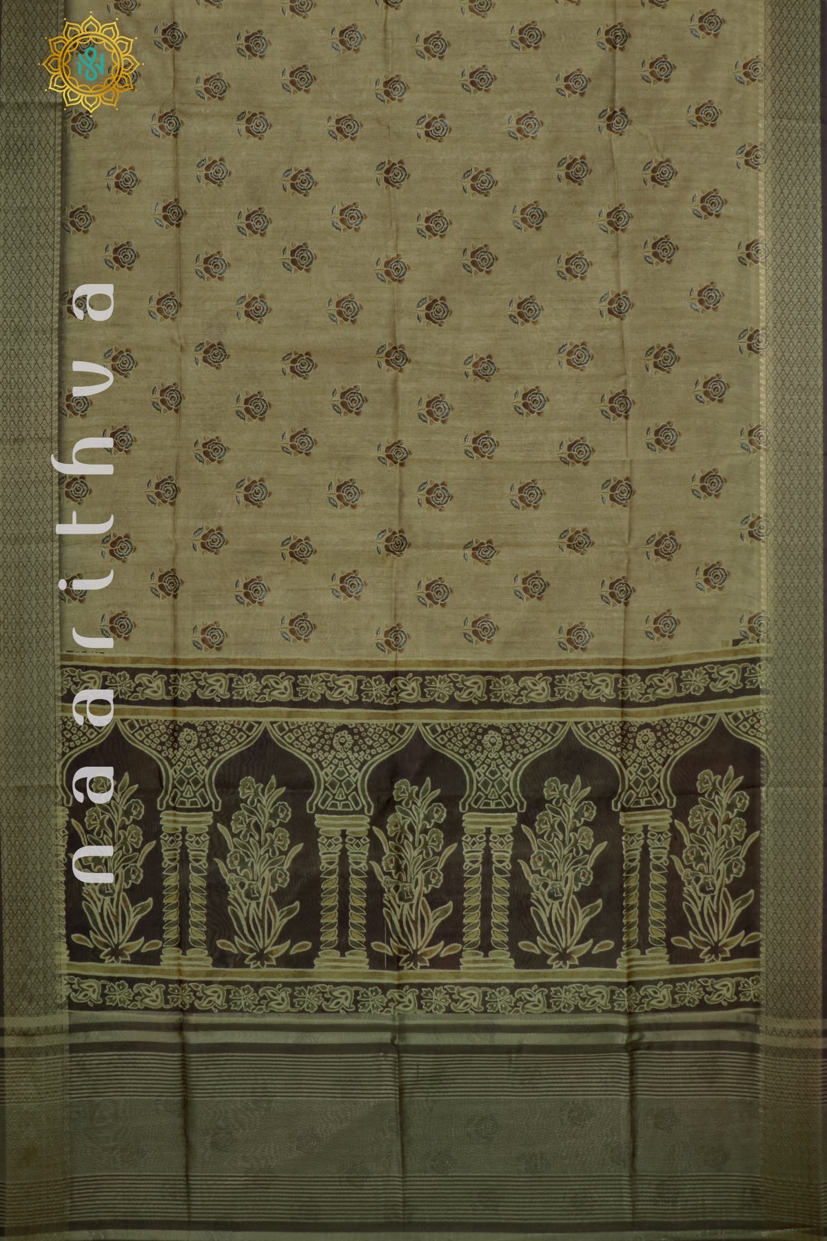 BEIGE WITH GREEN - SEMI TUSSAR SILK