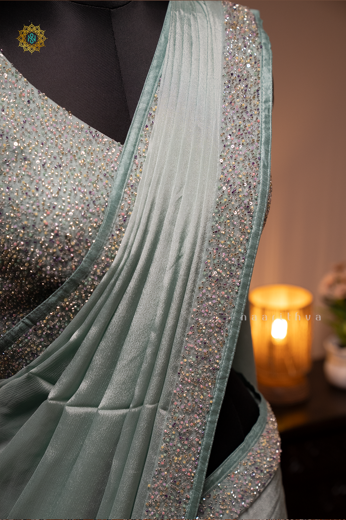 Light Blue Chinnon Designer Wear Saree with Readymade Blouse