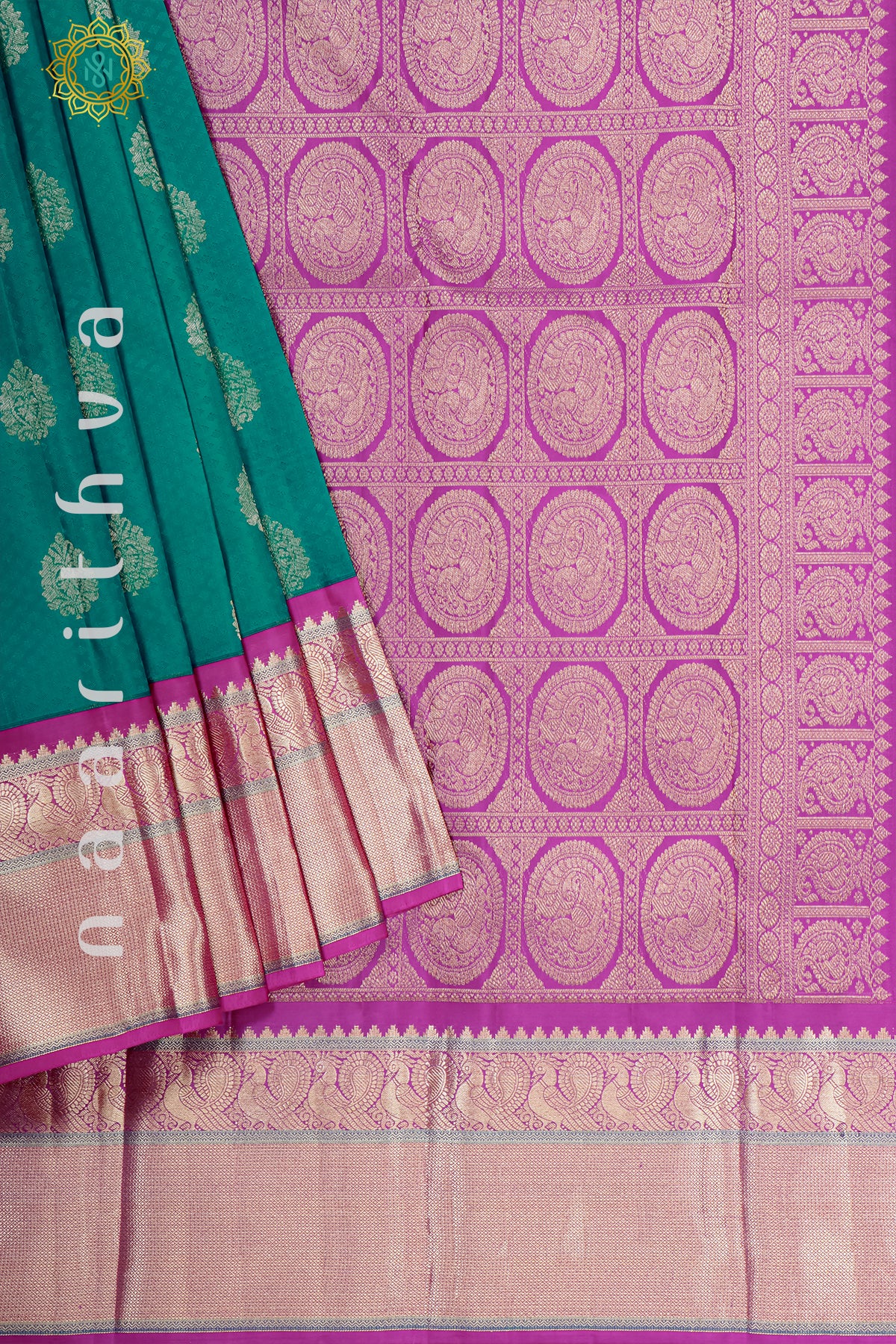 CYAN GREEN WITH PINK - PURE KANJIVARAM SILK