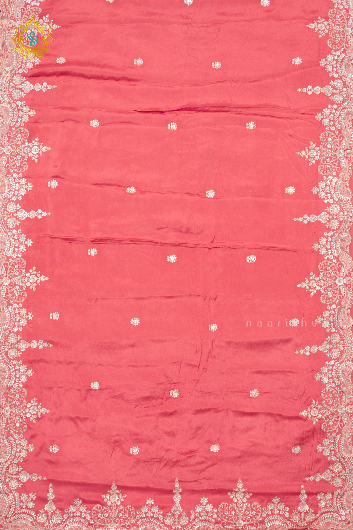PEACH WITH WHITE - PARTY WEAR SAREE WITH READYMADE BLOUSE
