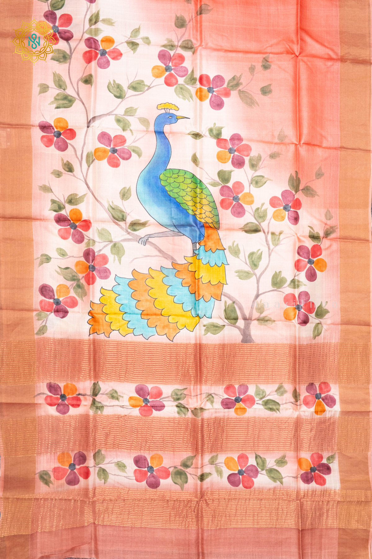 PEACHISH RED - PURE TUSSAR SILK WITH HAND PAINTED