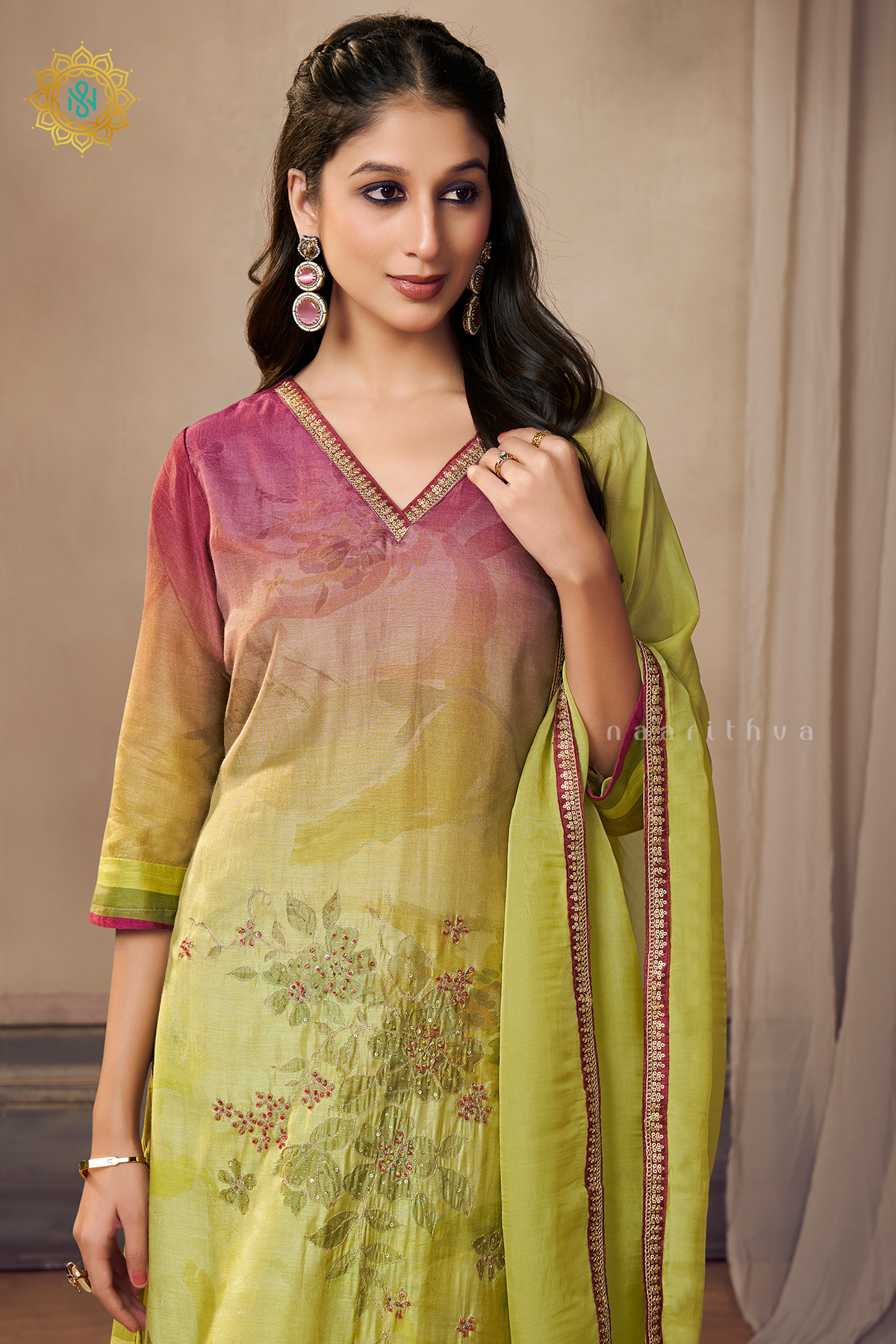 LIGHT PINK WITH LIME GREEN - CREPE 3PC SALWAR SUIT WITH TOP, BOTTOM & DUPATTA