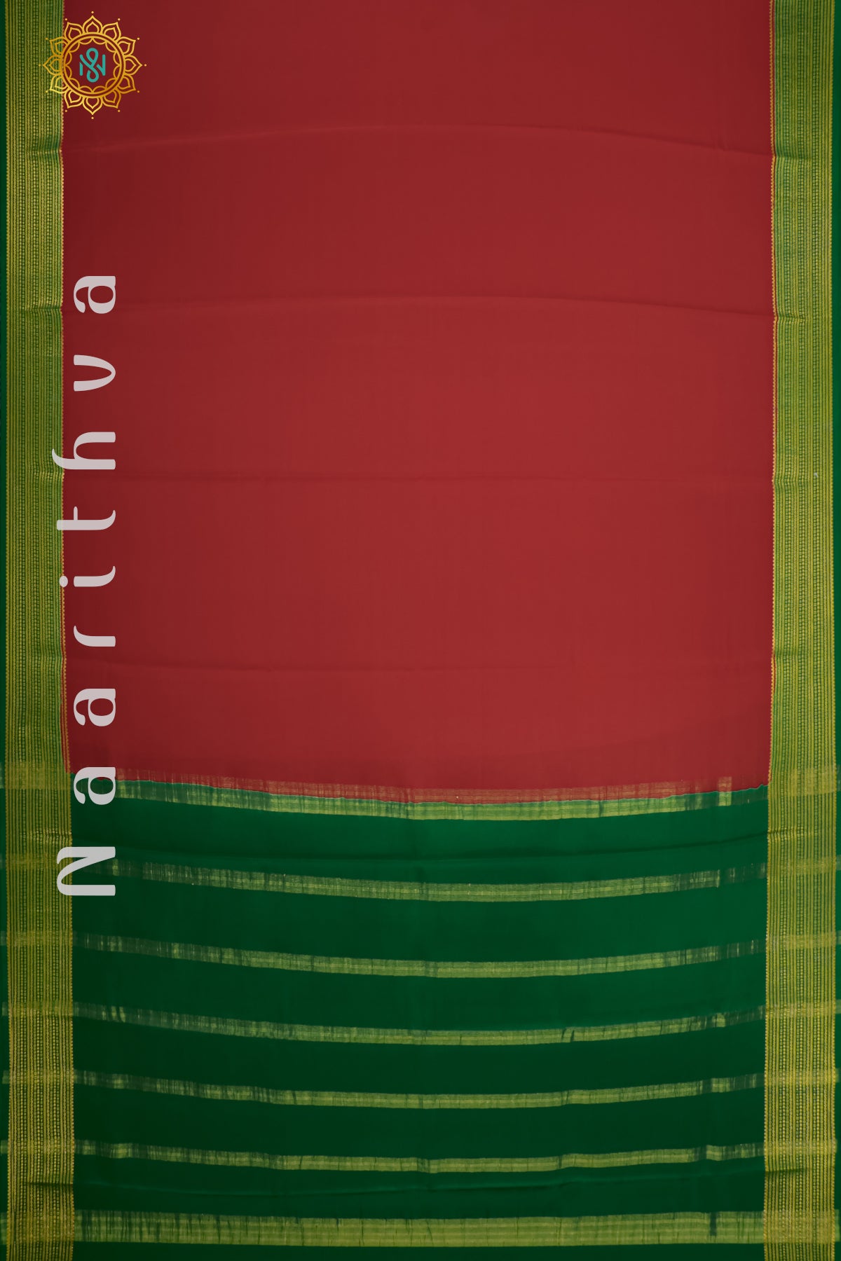 Red with Green Mysore Crepe Silk Allover Plain Body with Contrast Zari Border