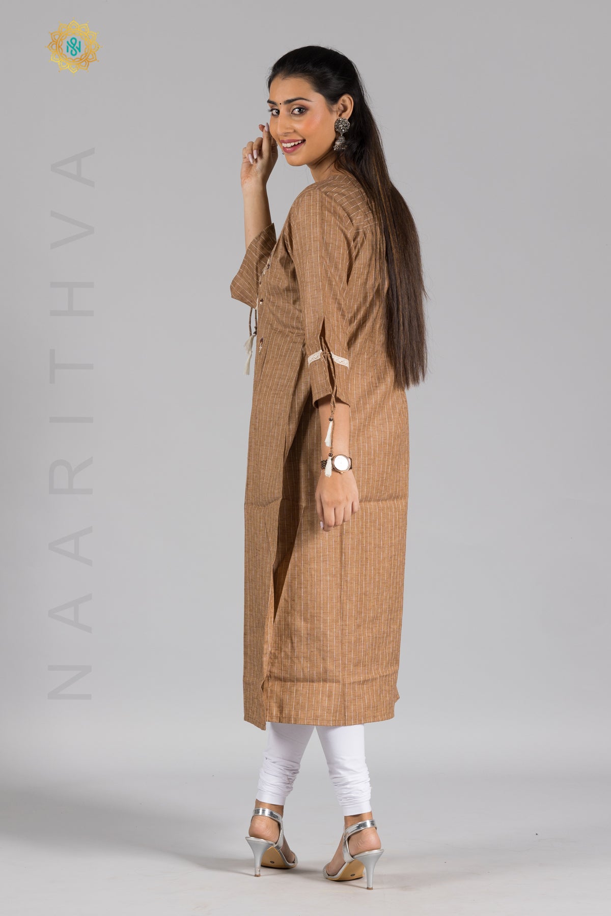 BROWN - COTTON STRAIGHT CUT CASUAL KURTI WITH THREAD EMBROIDERY