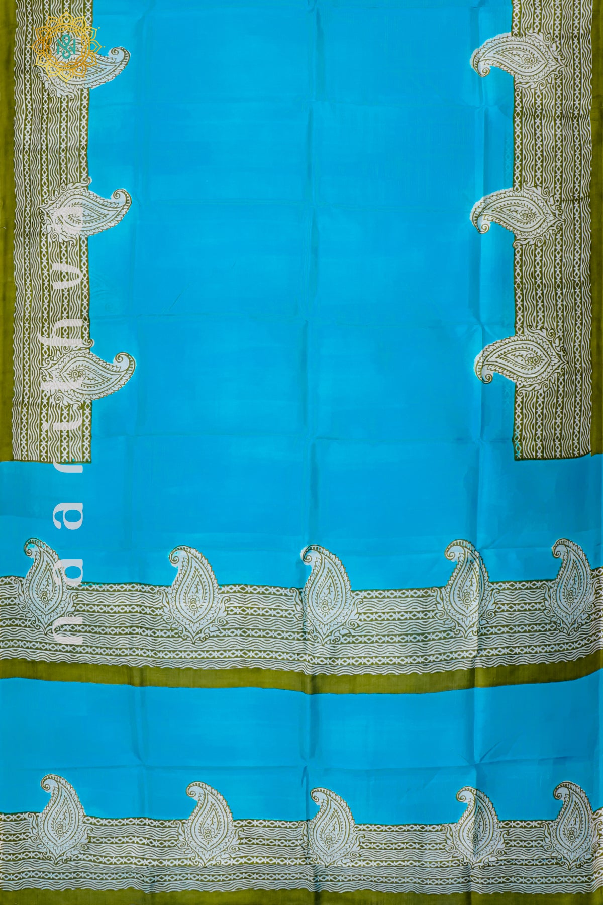 SKY BLUE WITH GREEN - PURE MULBERRY SILK WITH BLOCK PRINT