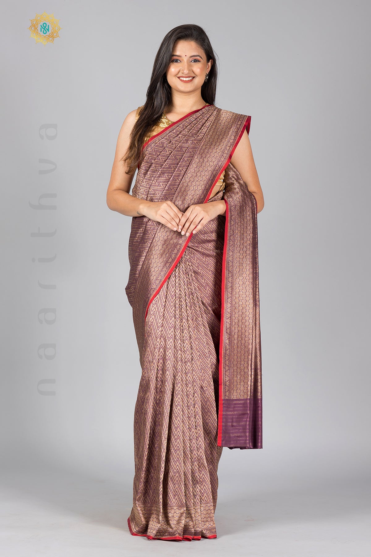WINE WITH RED - PURE HANDLOOM KATAN SILK WITH ANTIQUE ZARI WEAVES & CONTRAST BLOUSE