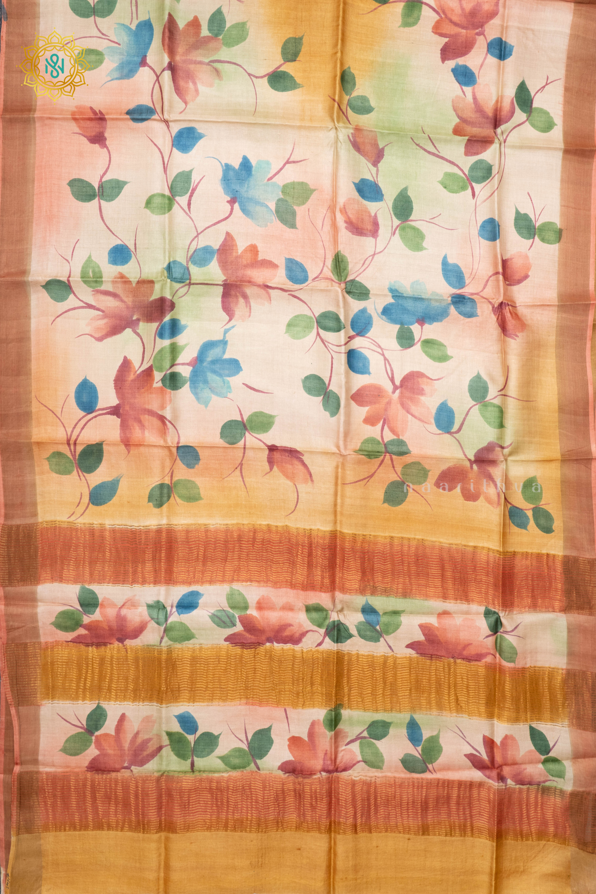 MUSTARD WITH PEACH - PURE TUSSAR SILK WITH HAND PAINTED