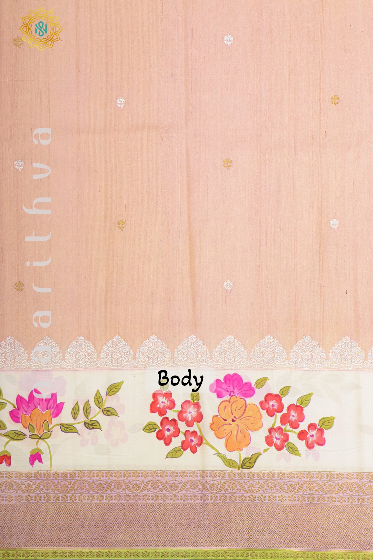 PEACH WITH LIGHT GREEN - PURE HAND PAINTED TUSSAR GEORGETTE