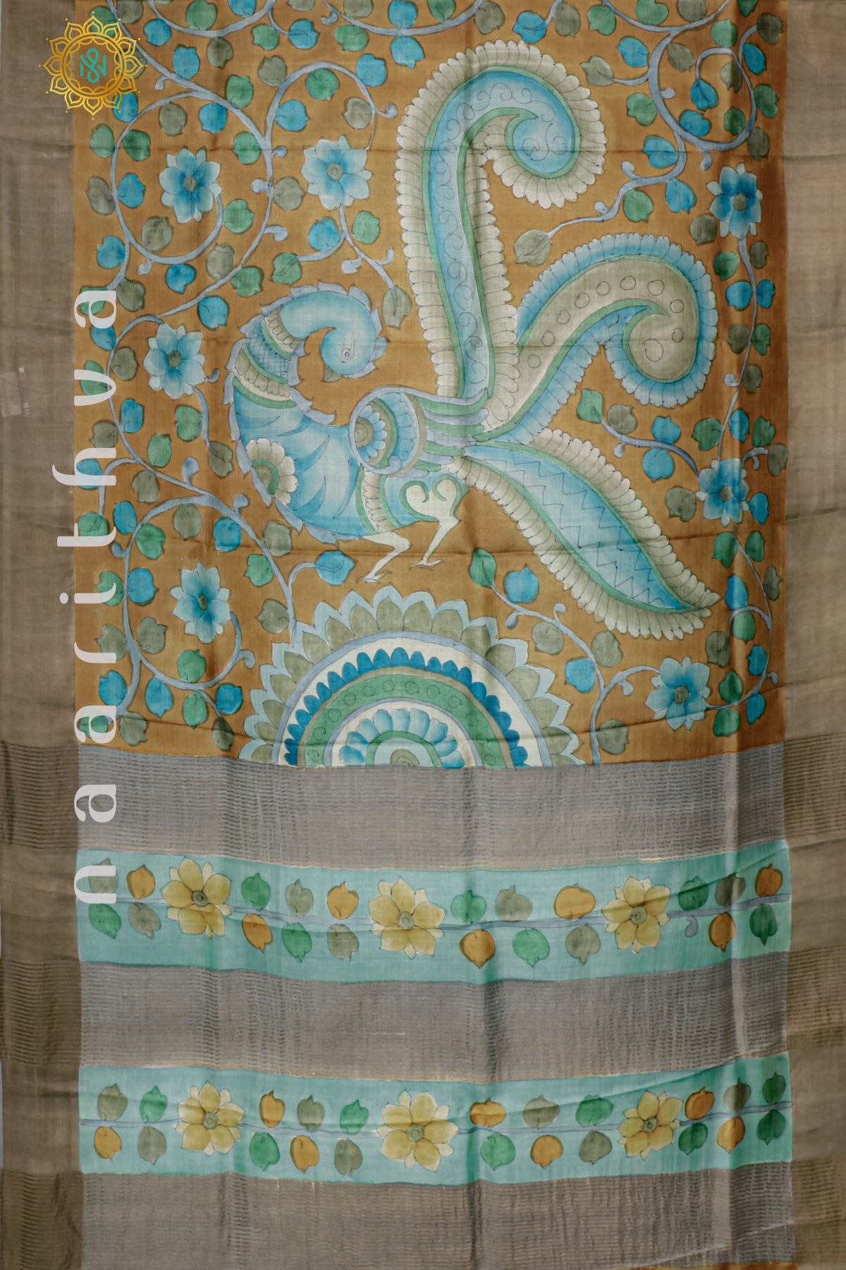 RUST ORANGE WITH GREYISH BLUE - PURE TUSSAR SILK