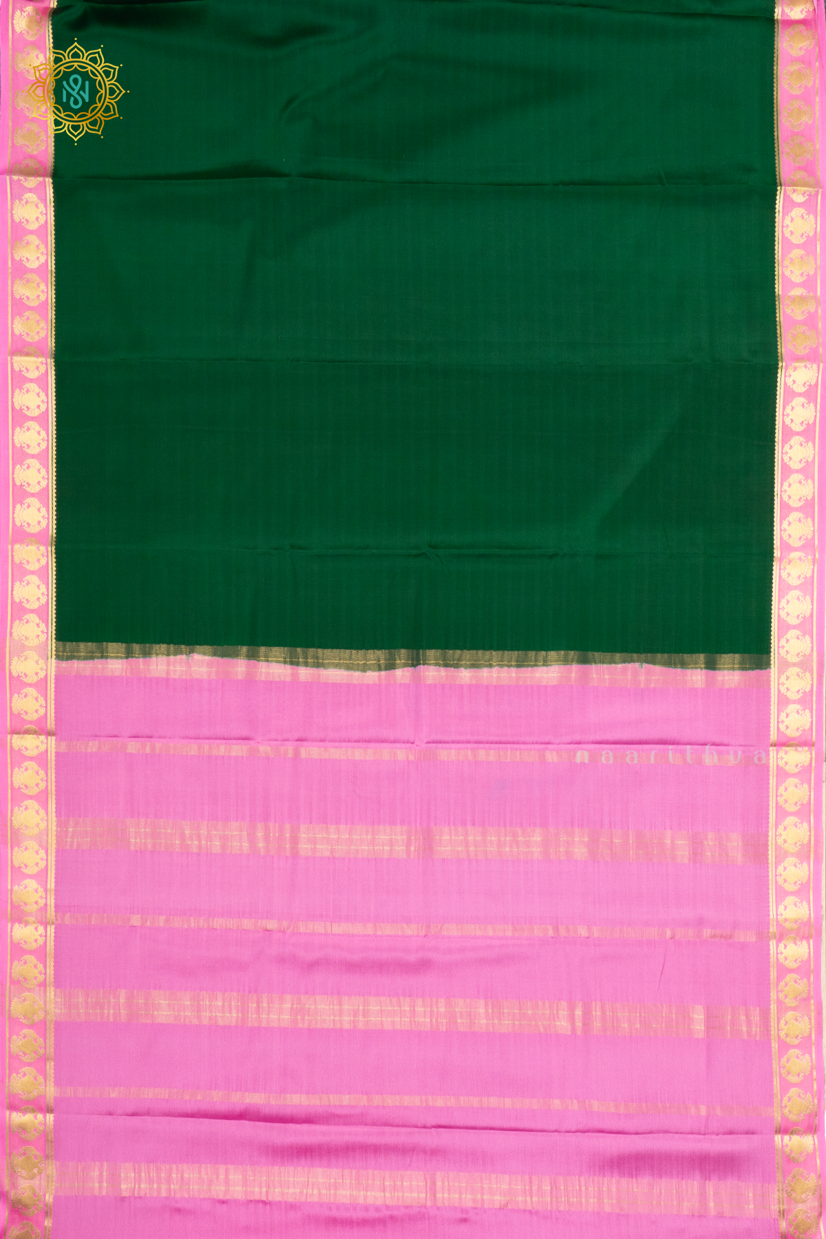BOTTLE GREEN WITH LIGHT PINK - PURE MYSORE CREPE SILK
