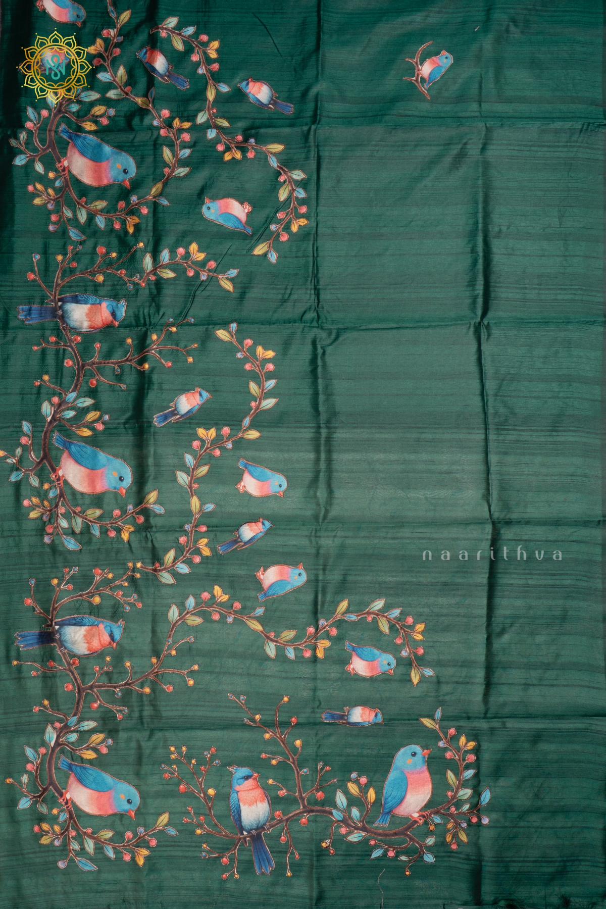 BOTTLE GREEN - SEMI TUSSAR SILK SAREE WITH APPLIQUE WORK AND DUAL BLOUSE