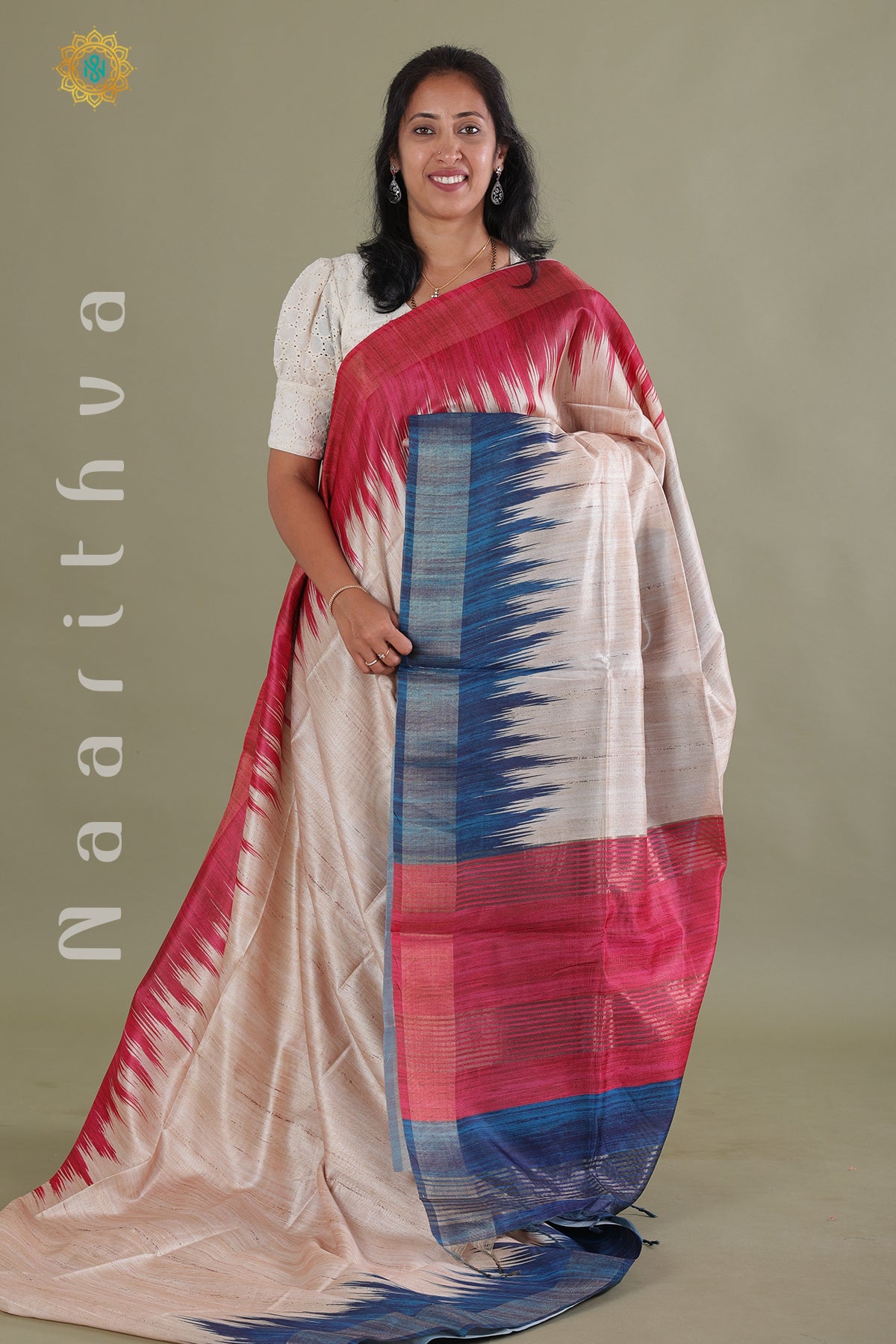 BEIGE WITH PINK WITH BLUE - SEMI TUSSAR SILK