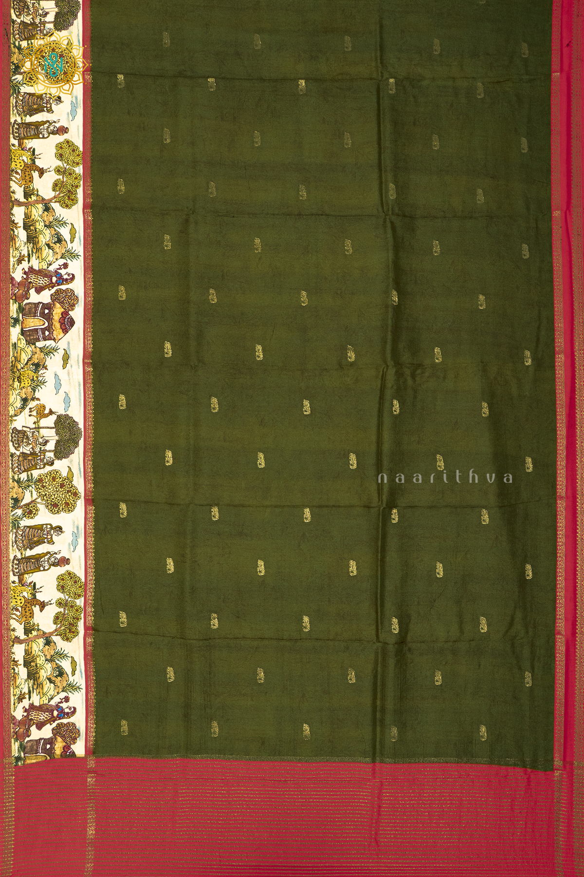 OLIVE GREEN WITH ORANGISH RED - SEMI CREPE SILK