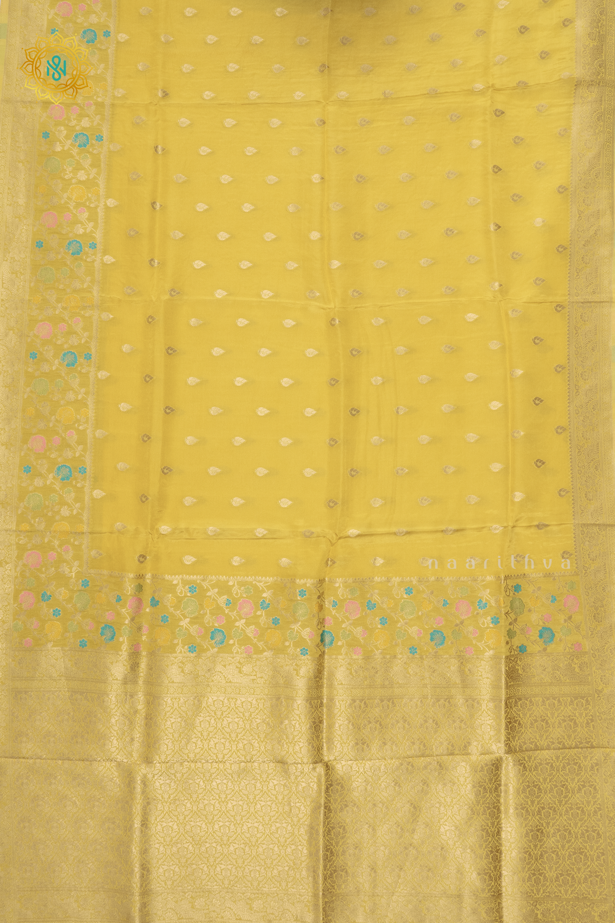 YELLOW WITH OLIVE GREEN - SATIN CREPE