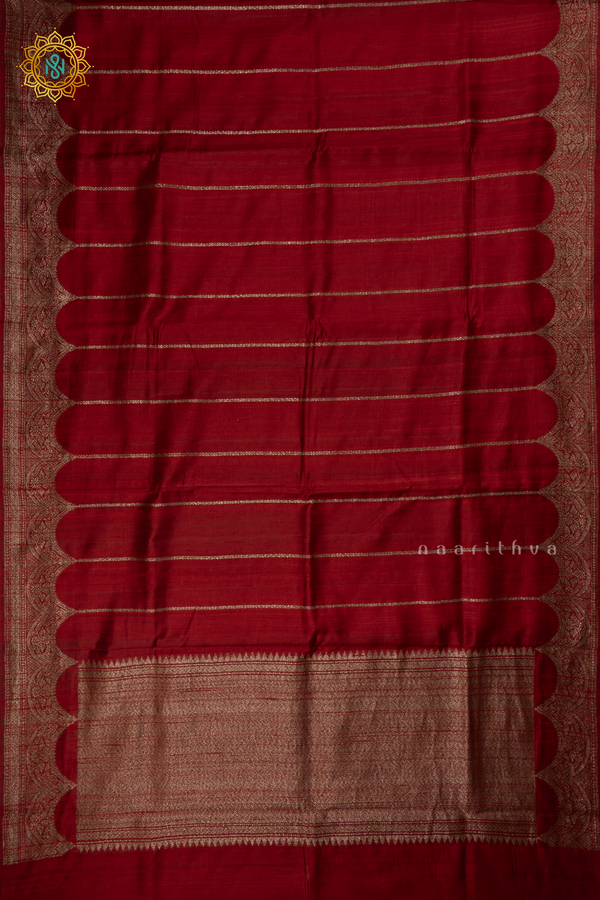 RED - PURE BANARASI RAW SILK SAREE WITH ALLOVER  ZARI STRIPES AND SCALLOP BORDER