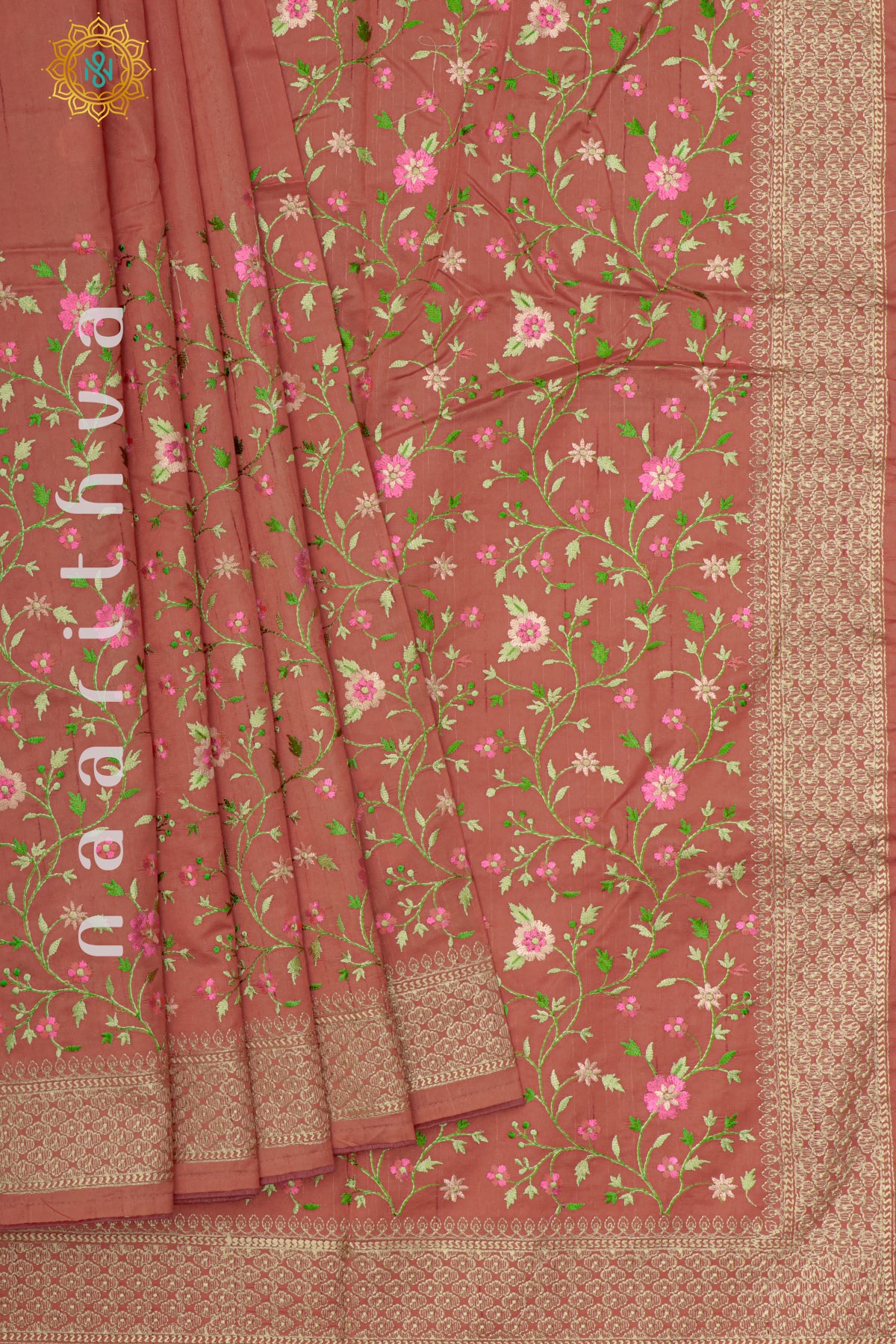 PEACH - SEMI TUSSAR SILK WITH EMBROIDERY