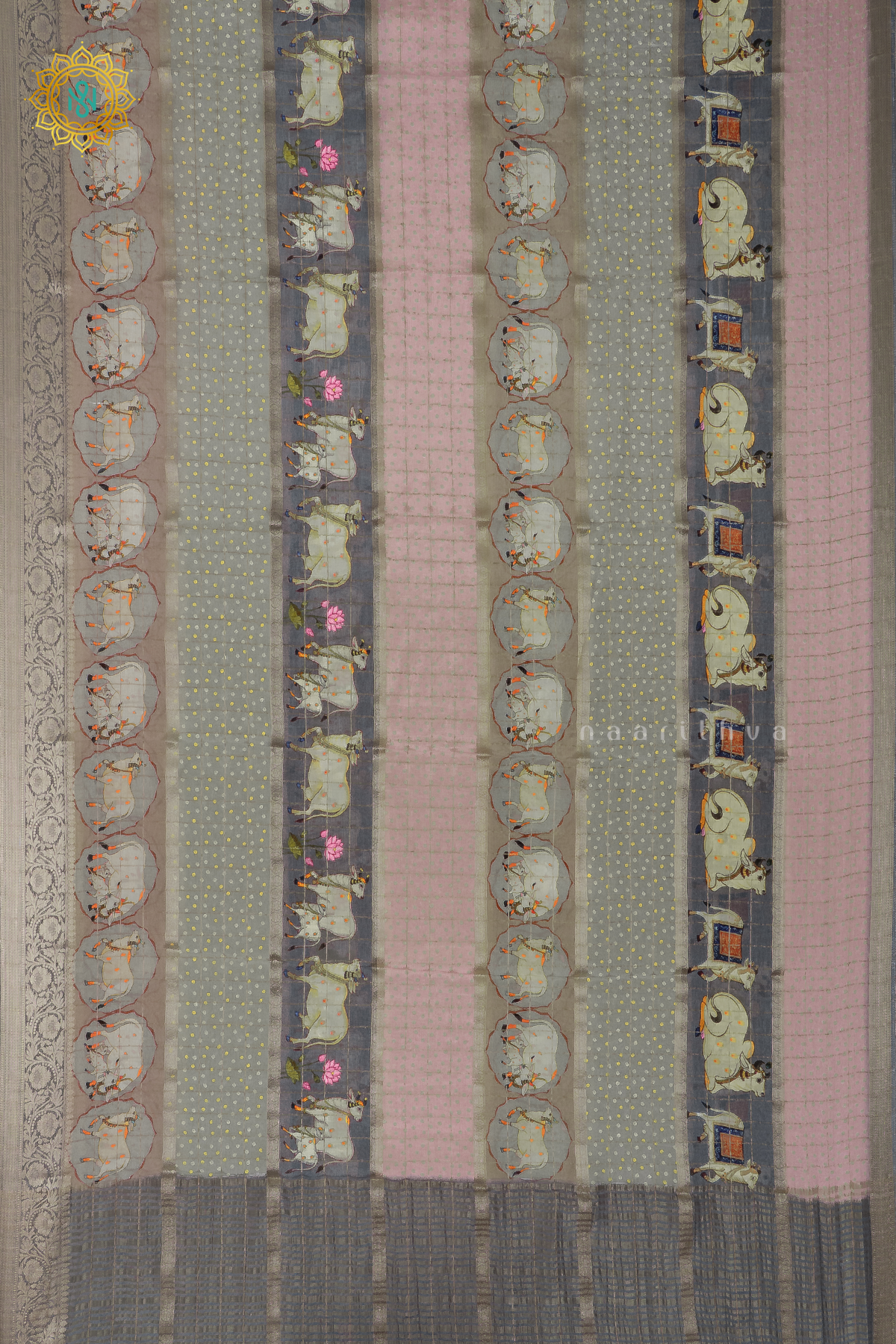 GREY WITH PEACH - SEMI CREPE SILK