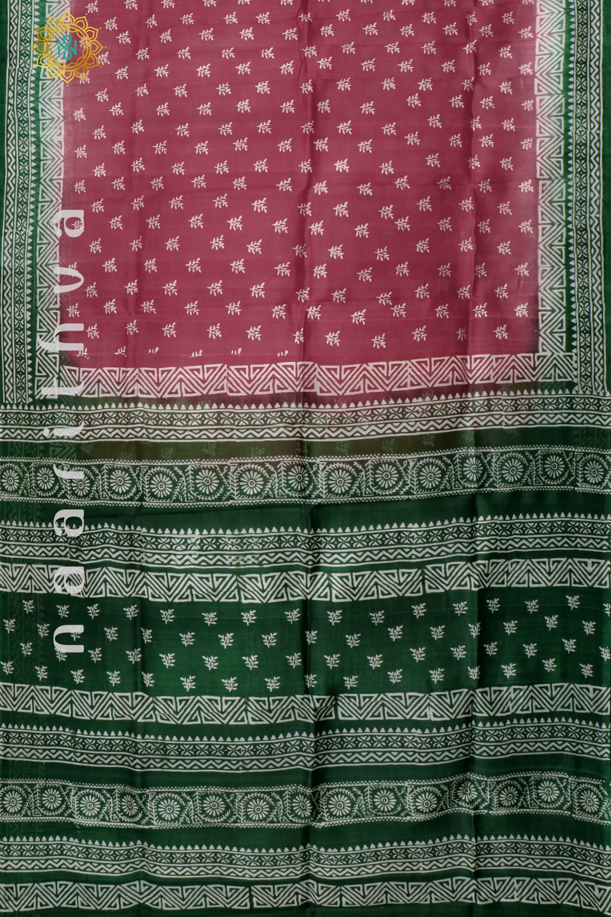 PINK WITH GREEN - PURE MULBERRY SILK WITH BLOCK PRINT