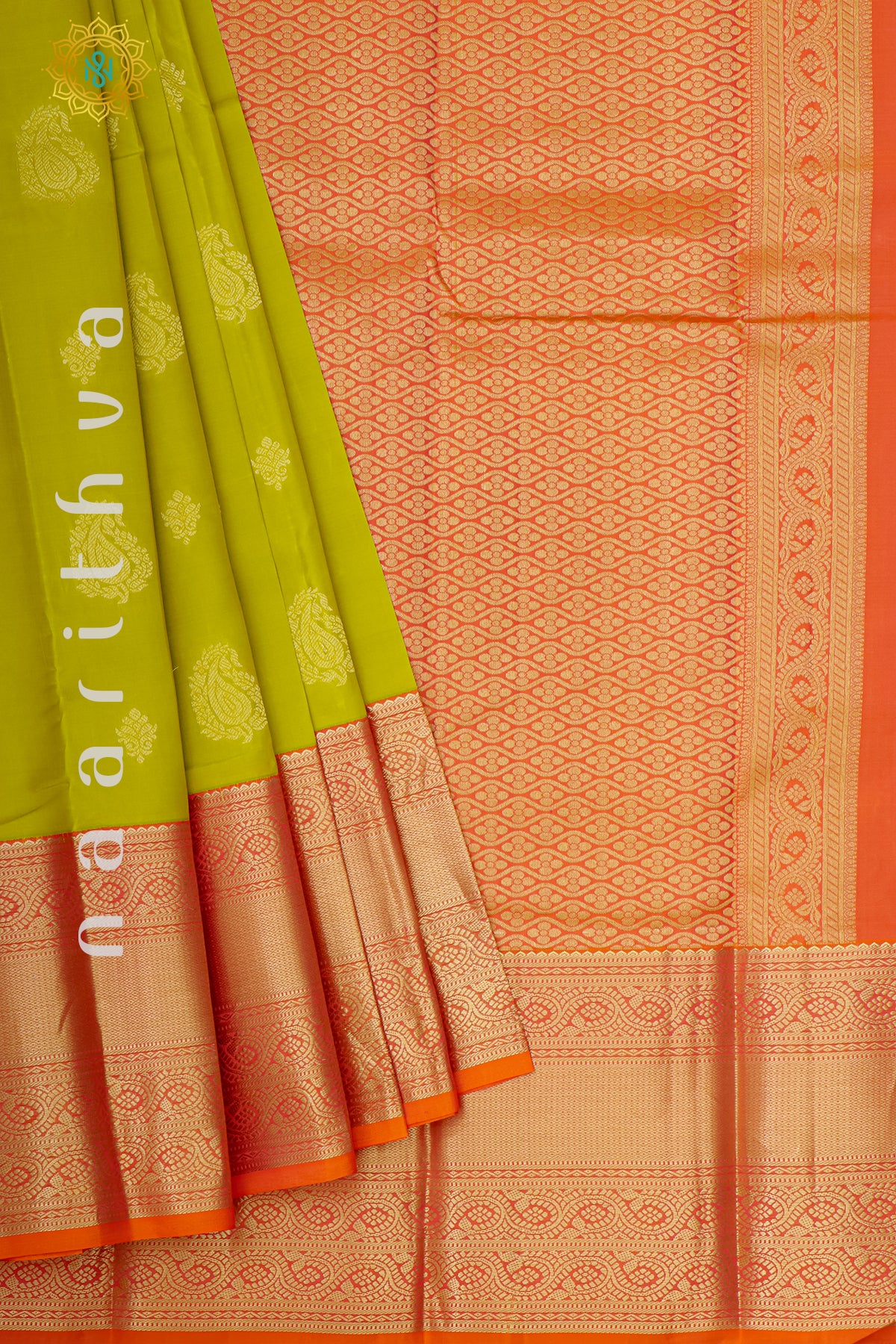 PARROT GREEN WITH ORANGE - PURE KANJIVARAM SILK