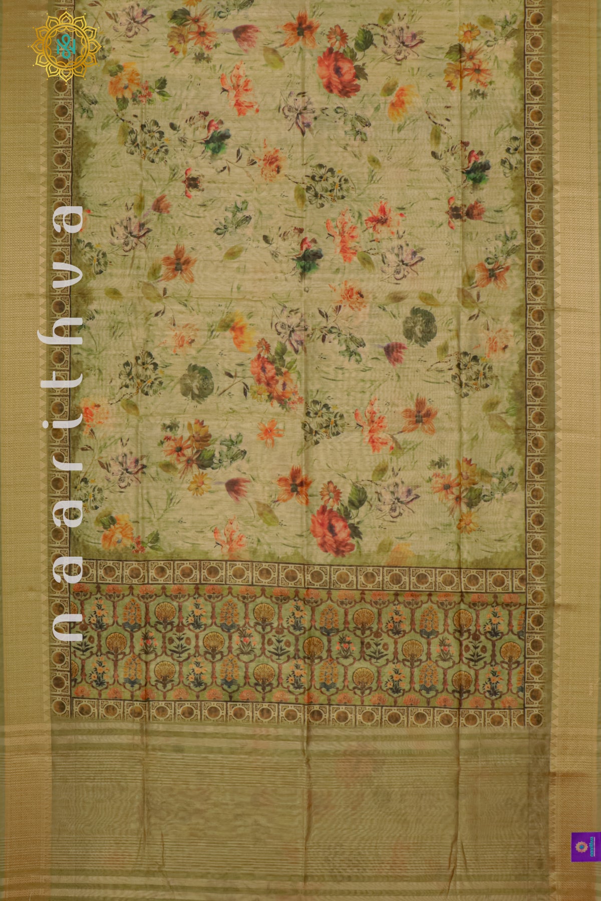 BEIGE WITH GREEN - SEMI TUSSAR SILK