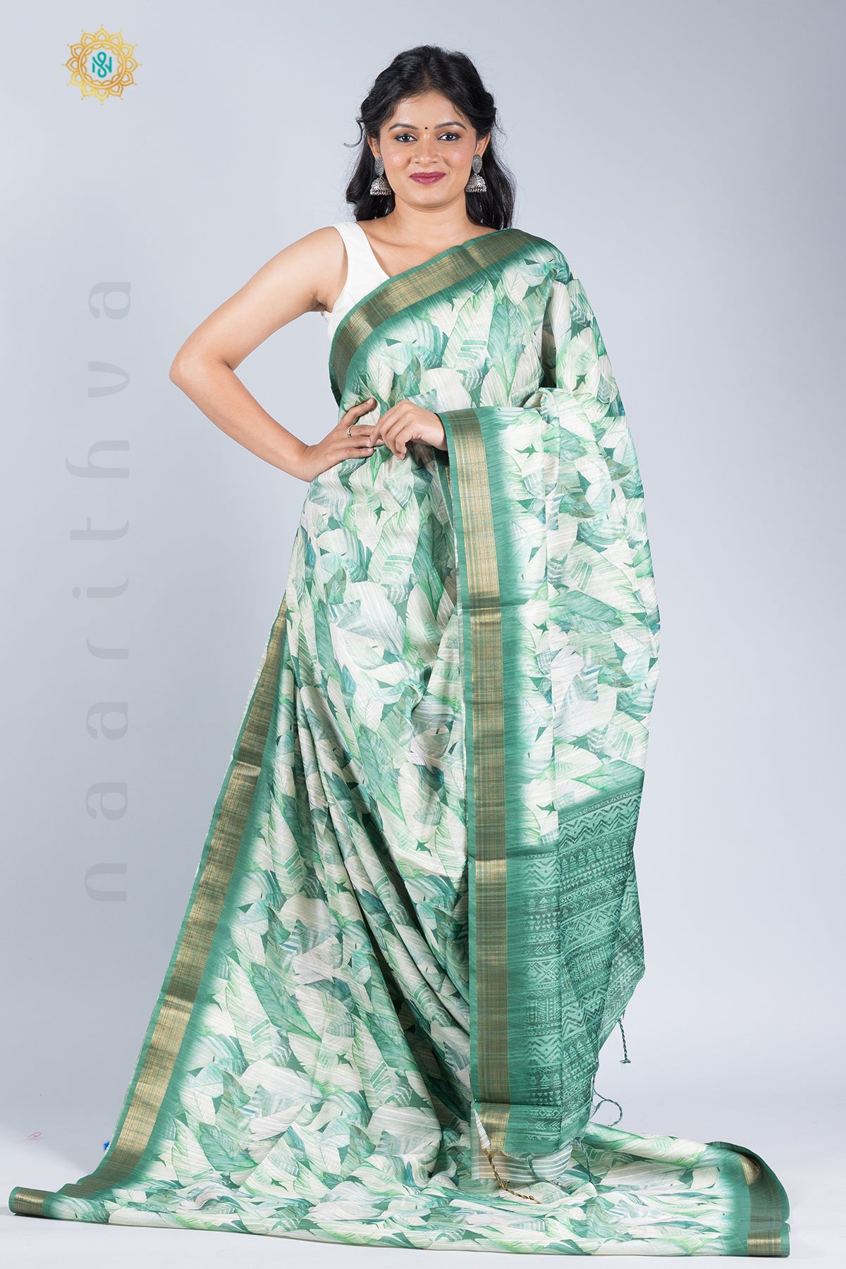 OFF WHITE WITH GREEN - KOTHA LINEN WITH DIGITAL PRINTS ON THE BODY & TISSUE BORDER