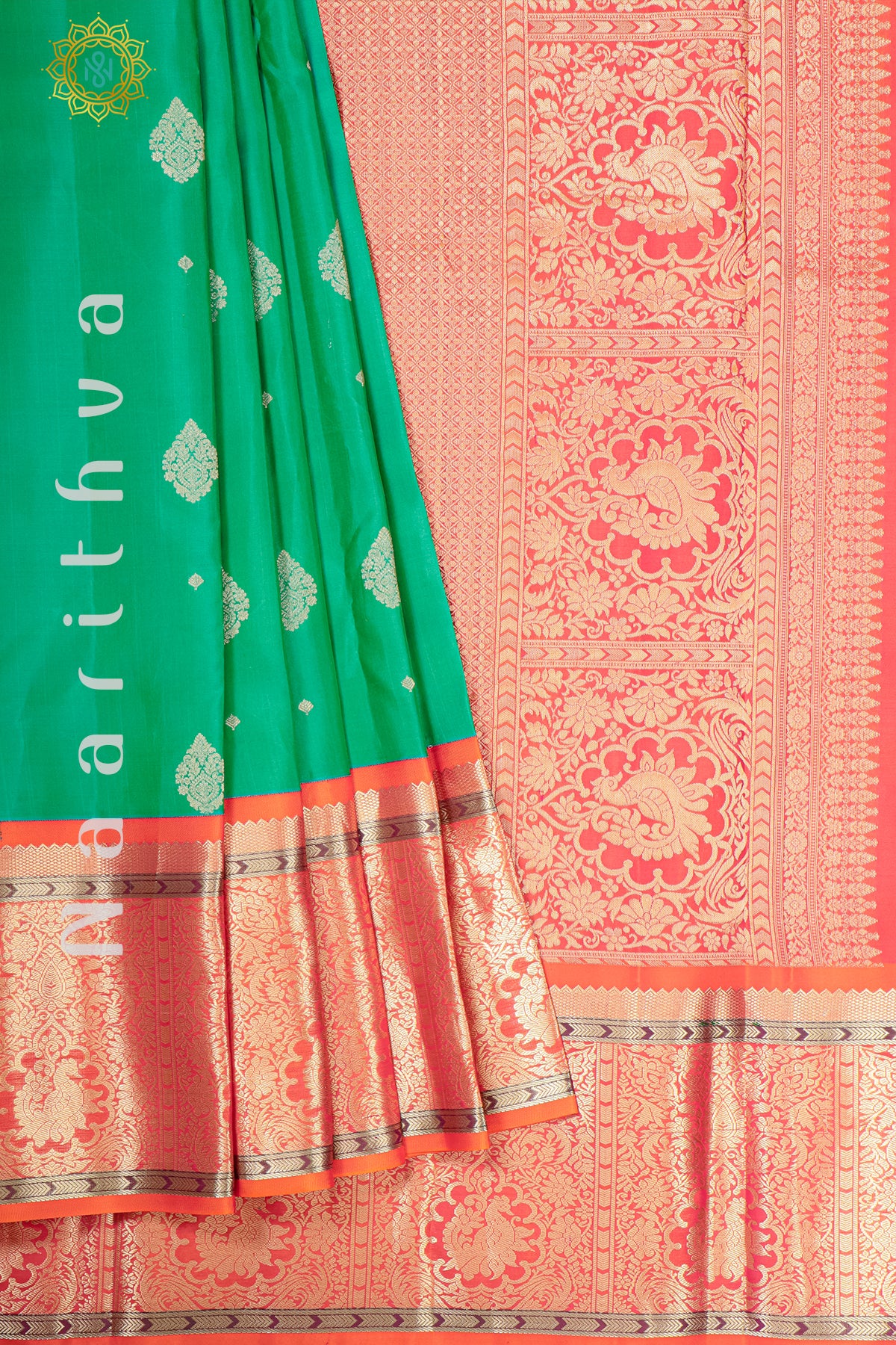 GREEN WITH ORANGE - PURE KANJIVARAM SILK