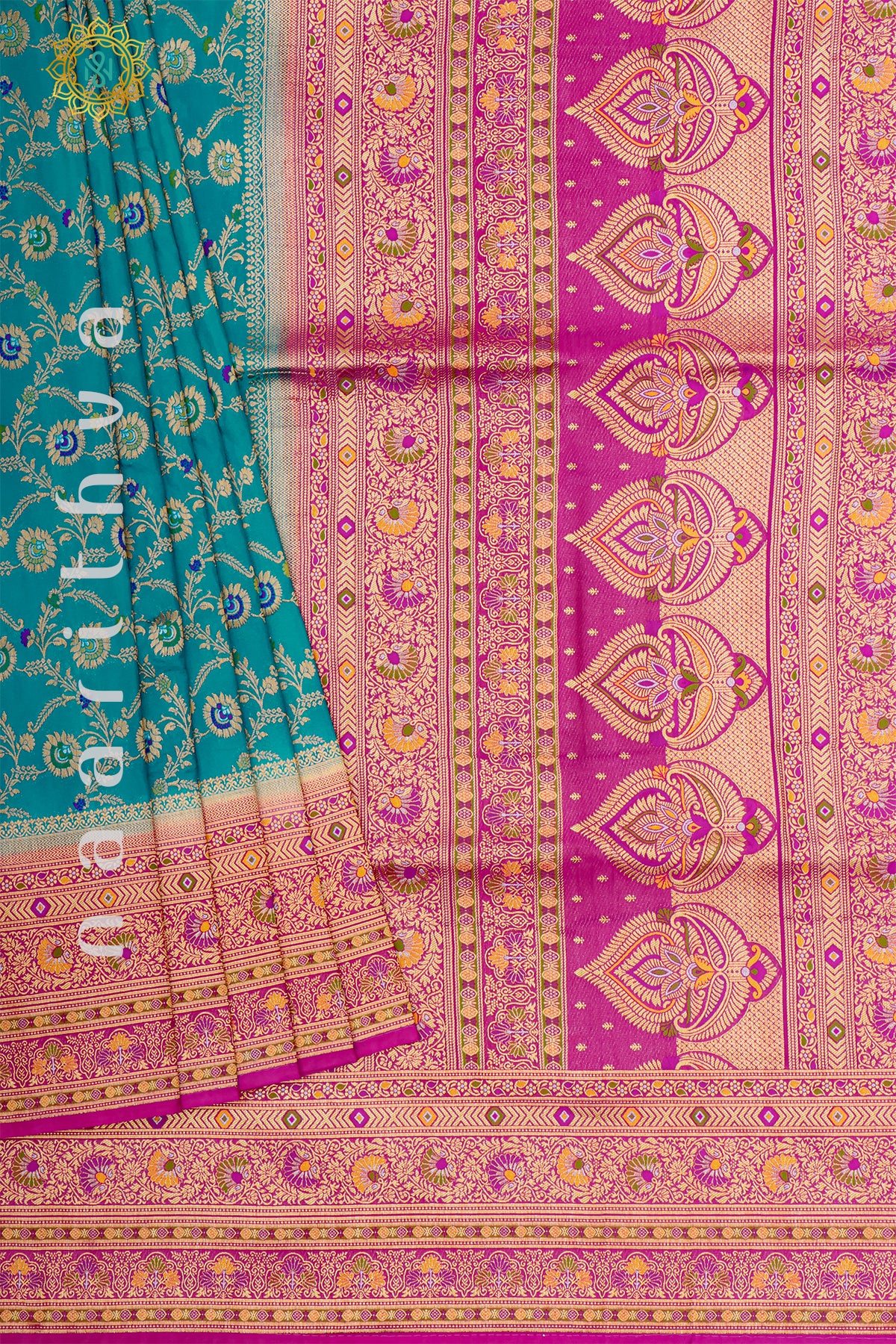 SKY BLUE WITH PINK - SEMI CREPE GEORGETTE