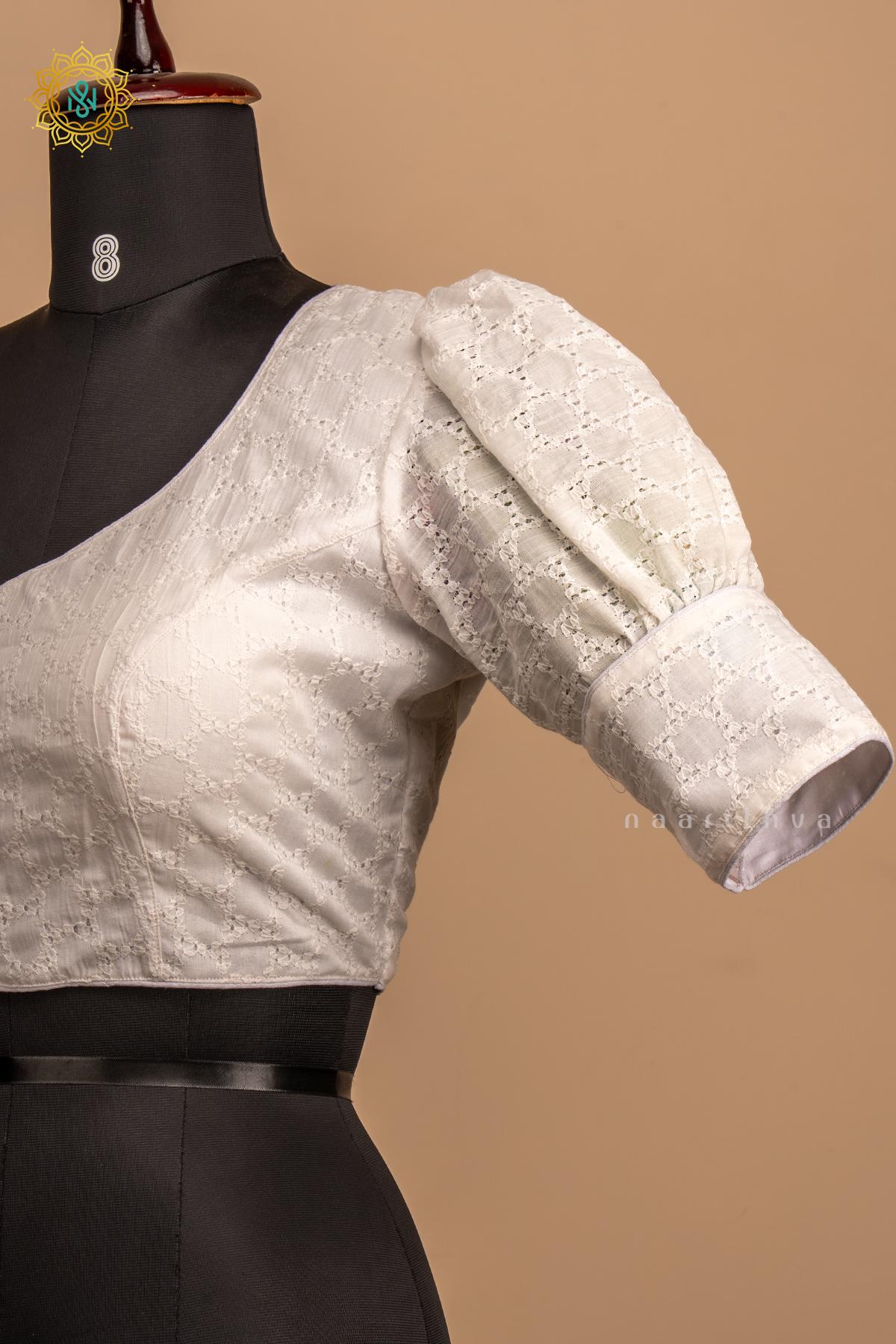 White - Cotton readymade blouse with hakoba work and puff sleeves