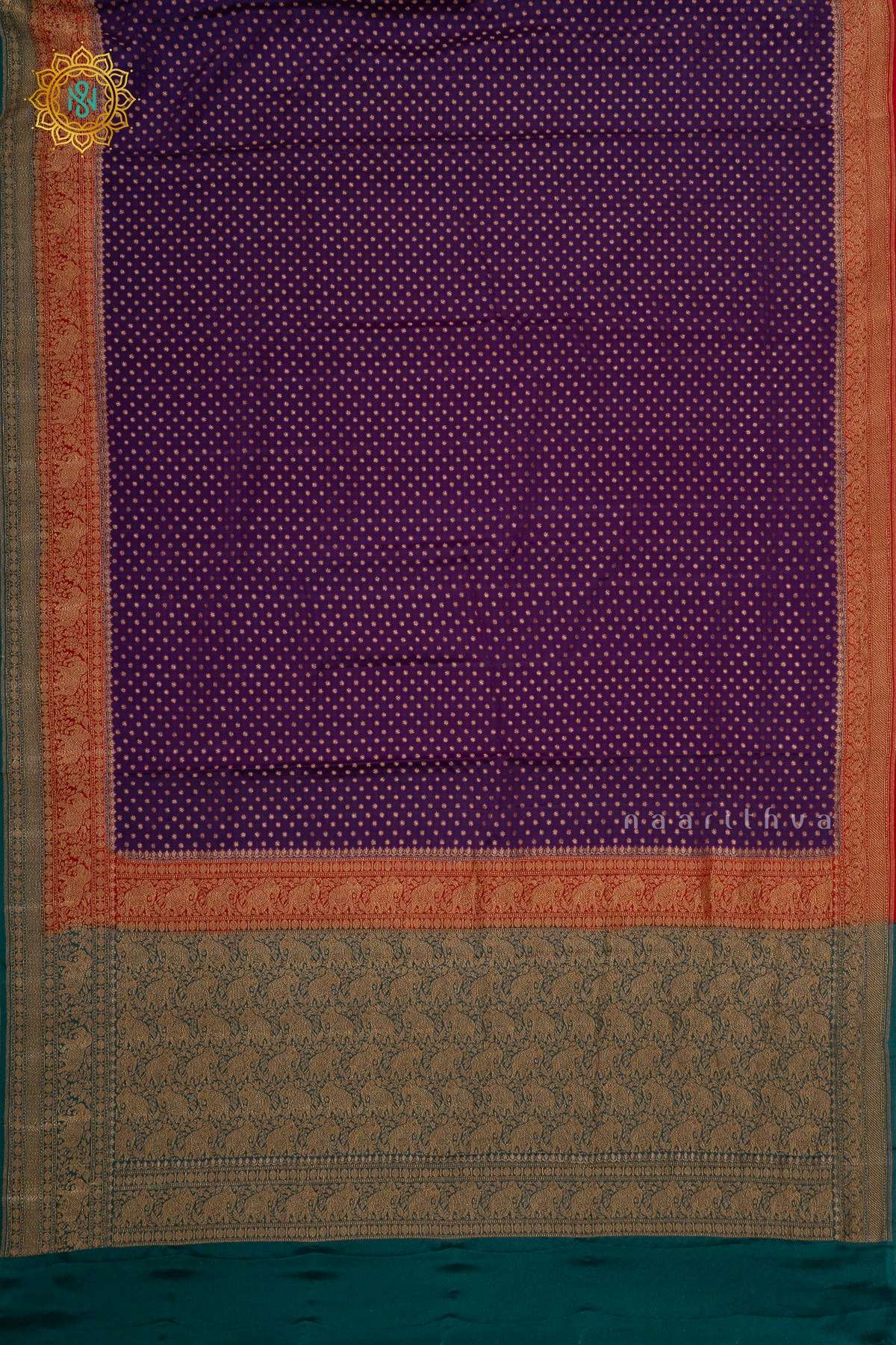PURPLE WITH RED & PEACOCK GREEN - PURE BANARASI CREPE SILK