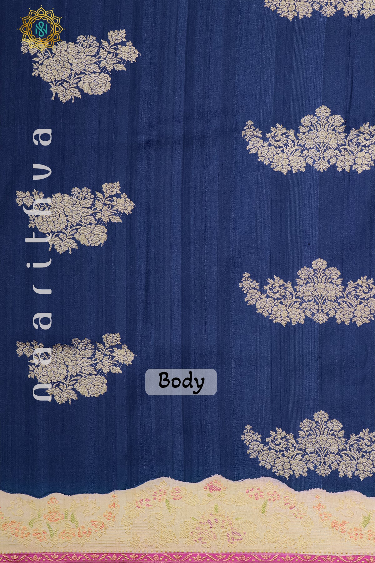 BLUE WITH OFF WHITE & RANI PINK - PURE HAND PAINTED TUSSAR GEORGETTE