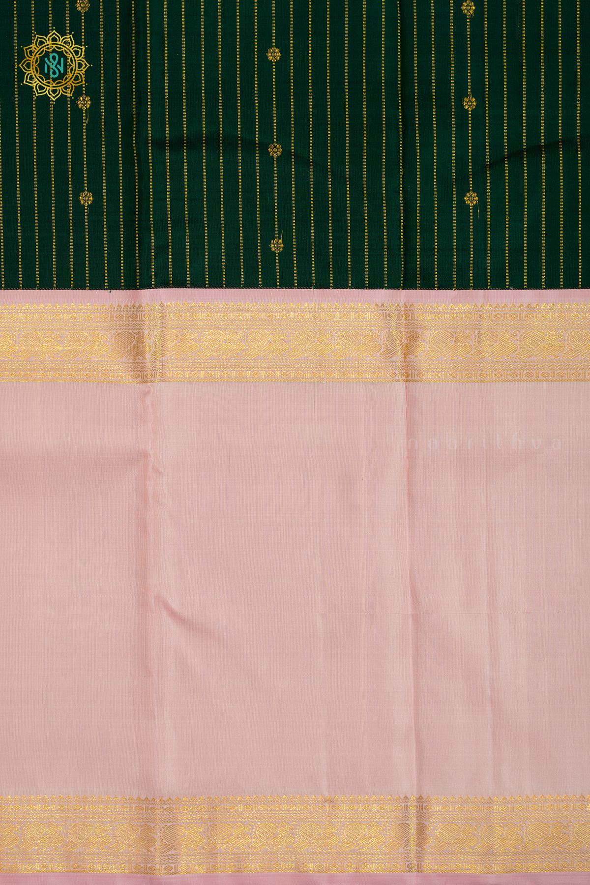 BOTTLE GREEN WITH PEACHISH PINK - PURE KANJIVARAM SILK