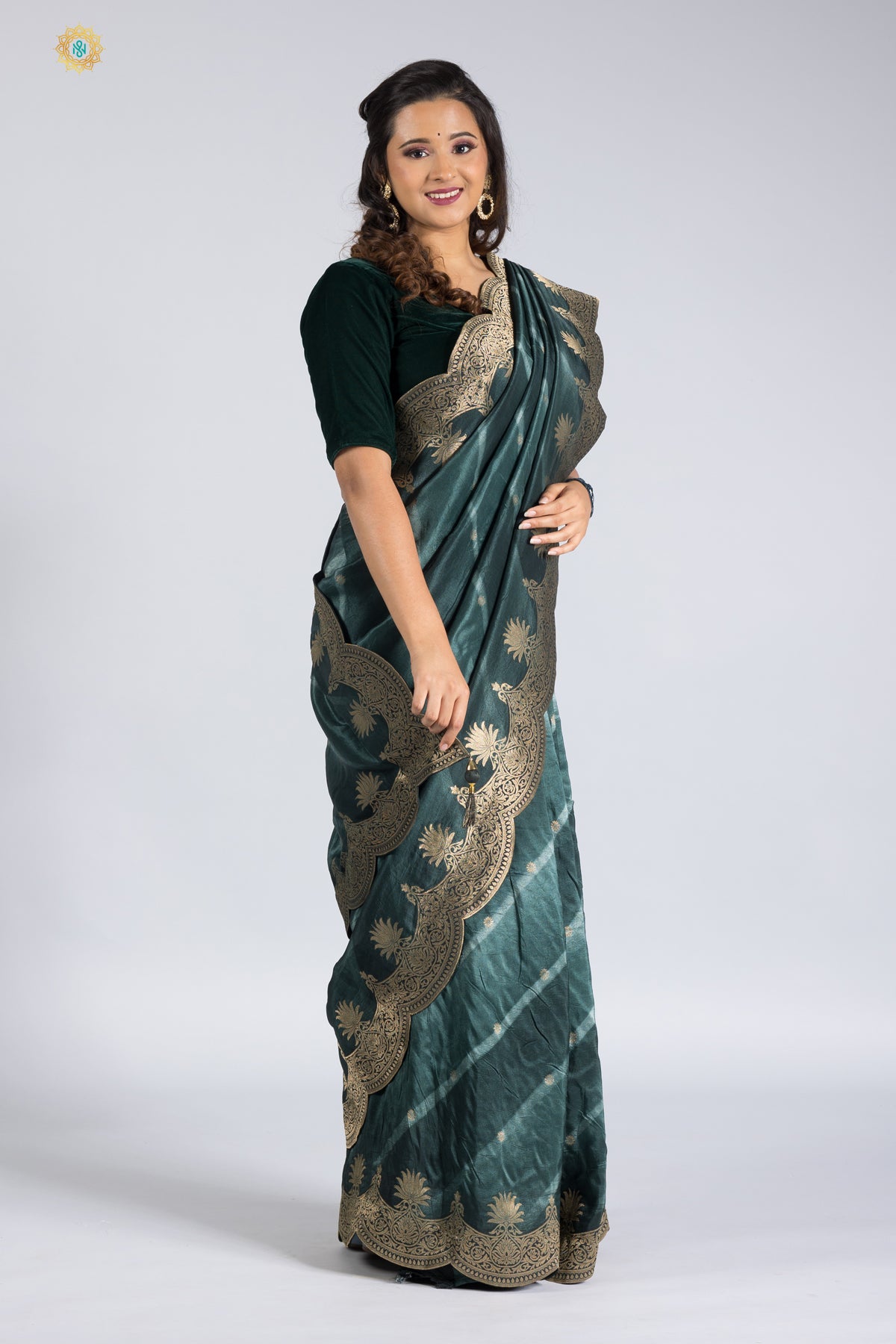 DARK GREEN - DESIGNER DOLA SILK WITH ZARI WOVEN BUTTAS & SCALLOP BORDER