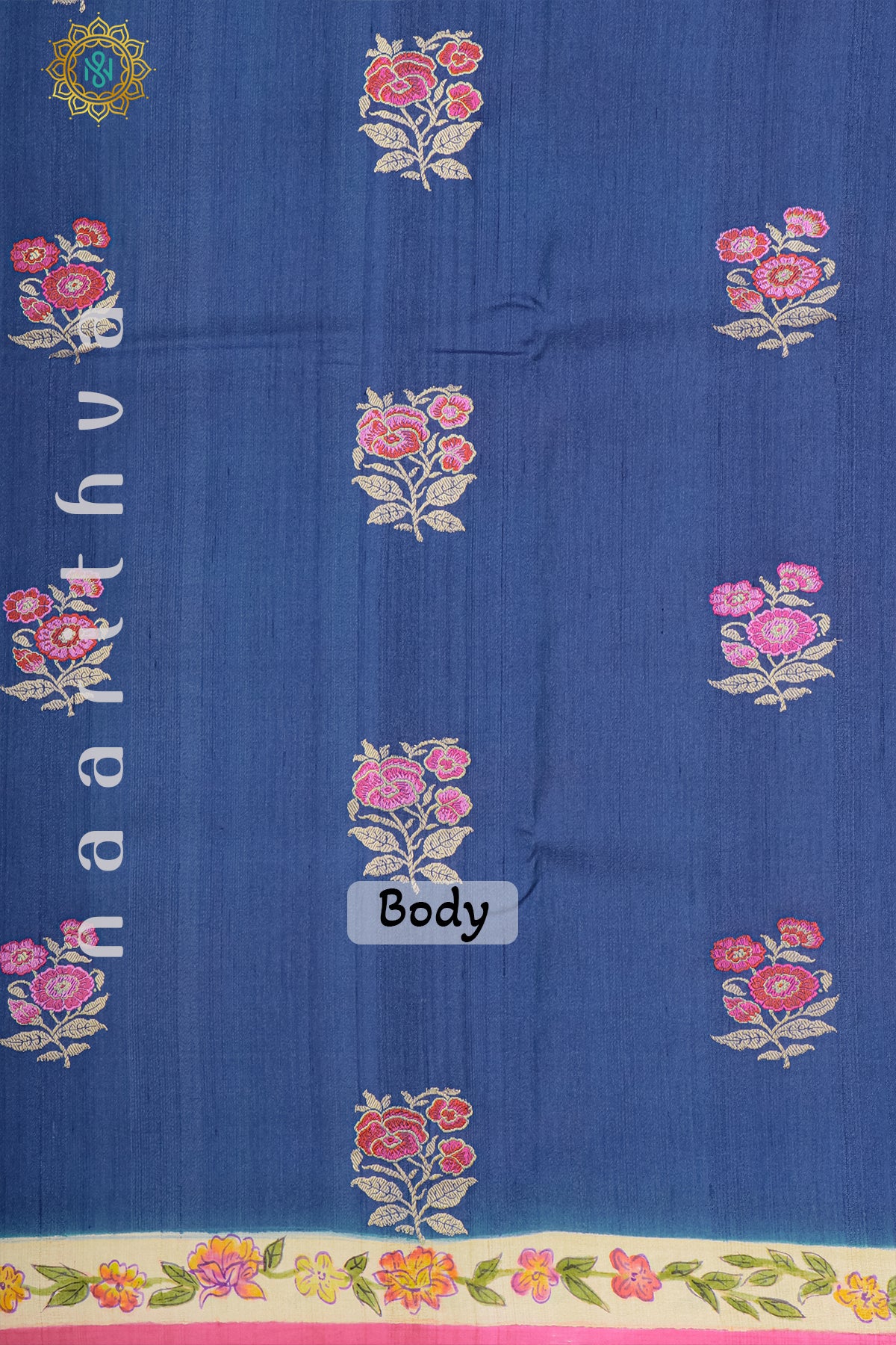 BLUE WITH BEIGE & PINK - PURE HAND PAINTED TUSSAR GEORGETTE