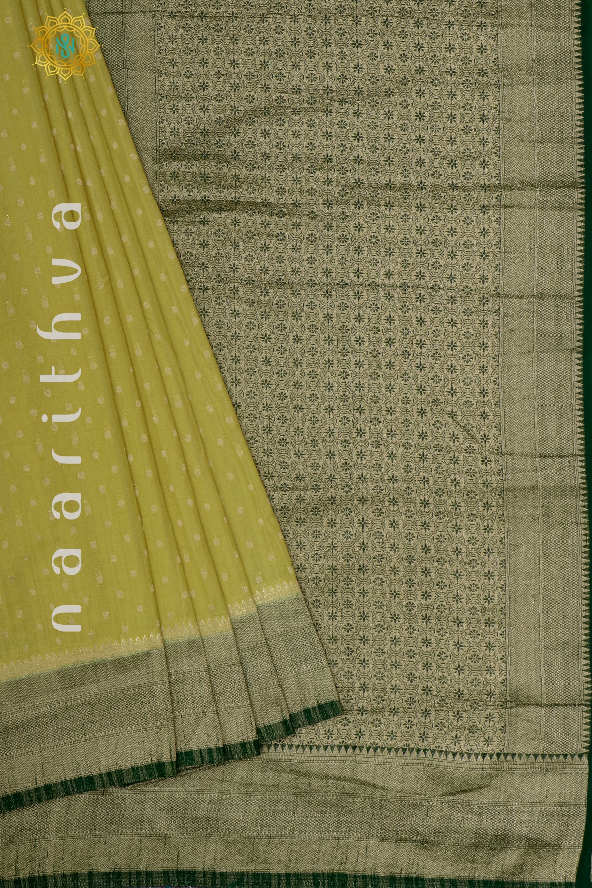 LIGHT YELLOW WITH BOTTLE GREEN - SEMI CREPE GEORGETTE