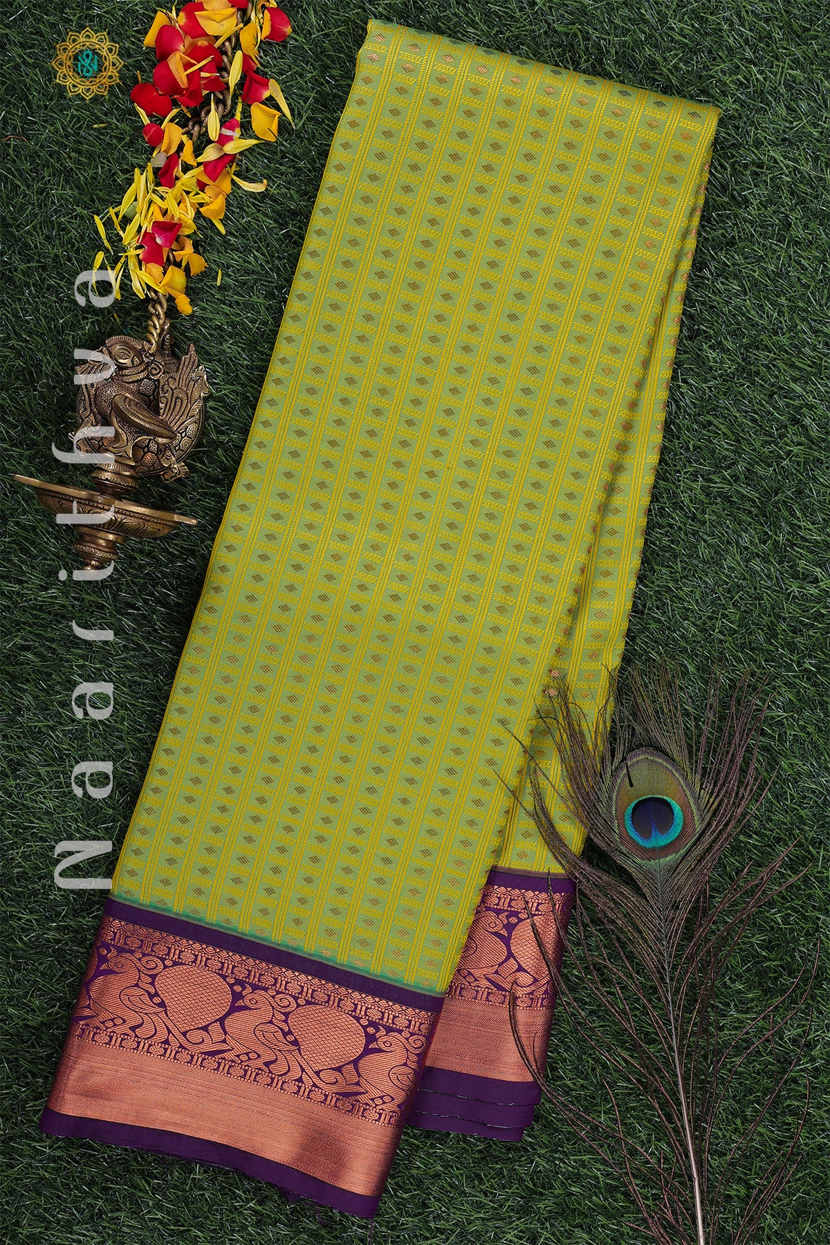 PARROT GREEN WITH VIOLET - SEMI KANCHI WITH CONTRAST BORDER
