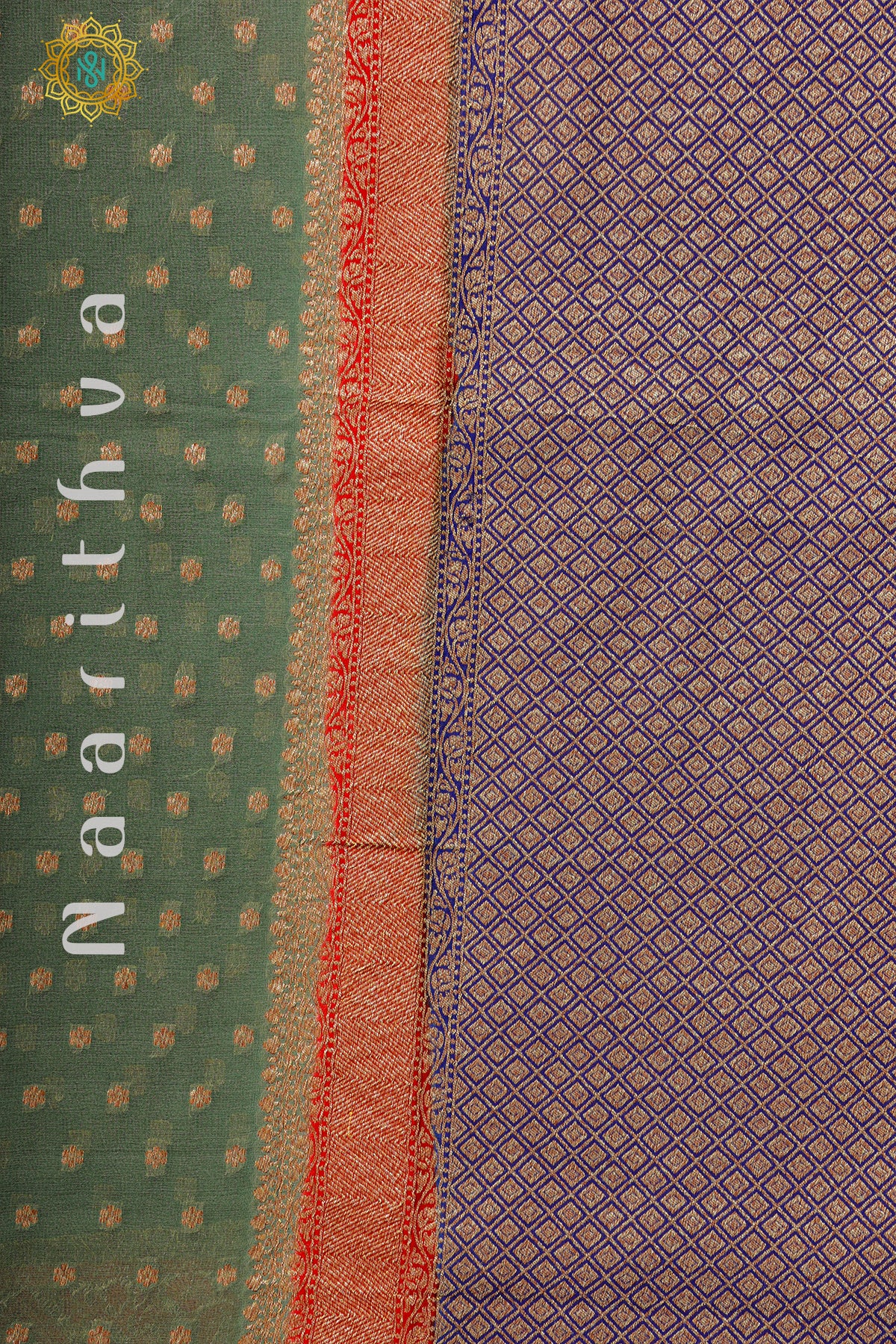 PALE GREEN WITH RED & BLUE - PURE HANDLOOM KHADDI GEORGETTE BANARAS